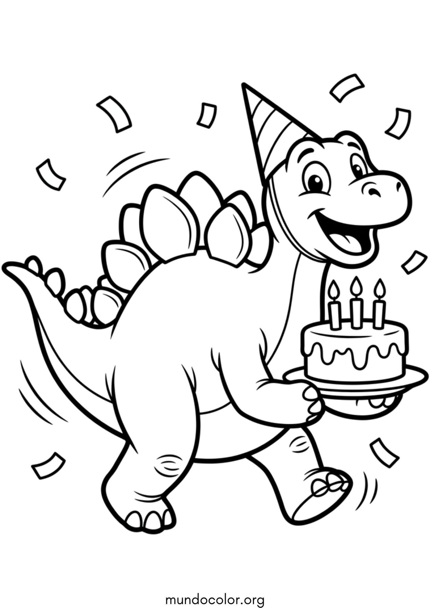 Dibujo de Dinosaurio de cumpleaños con gorrito y tarta para colorear