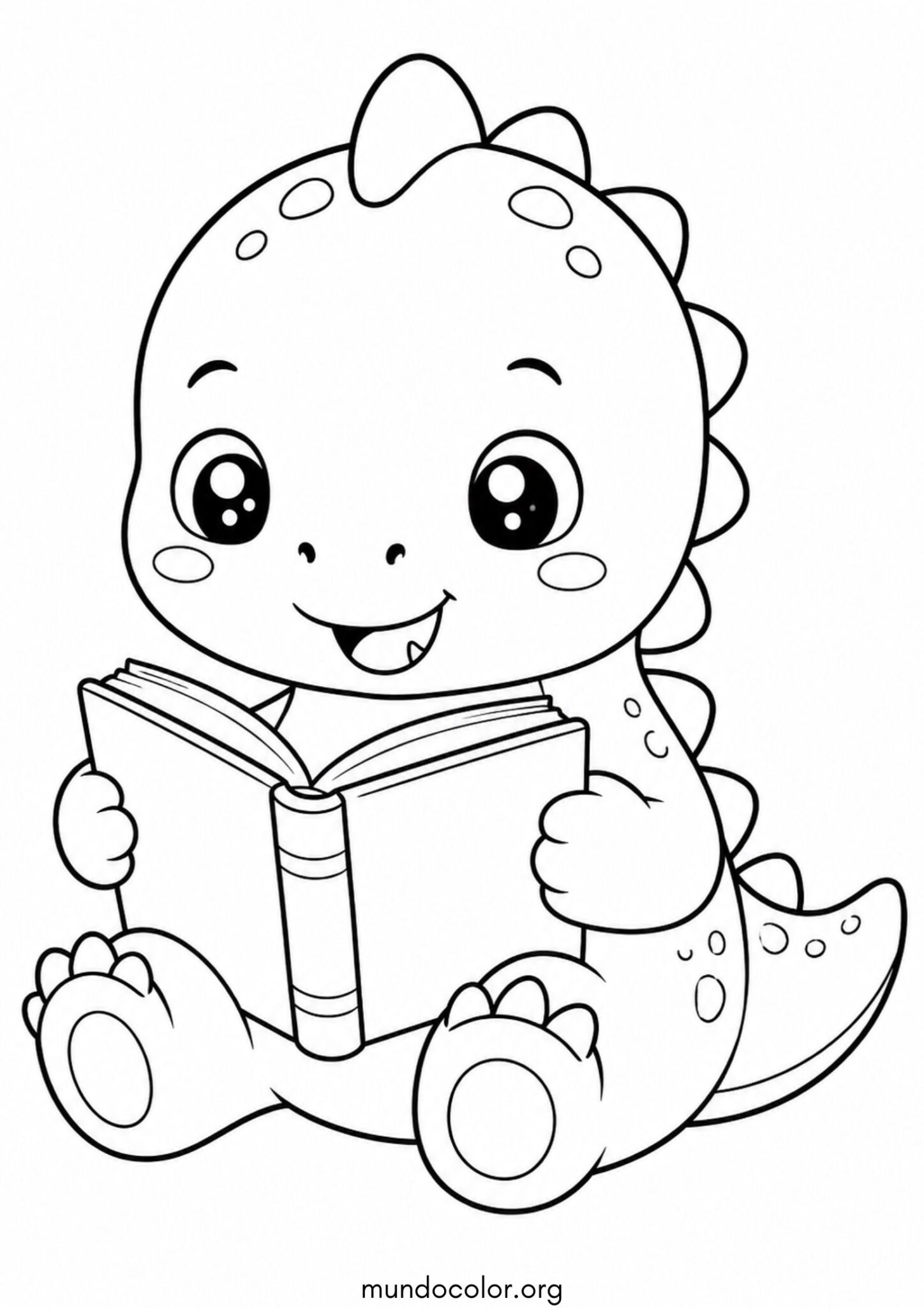 Dibujo de Día del Libro – Dinosaurio kawaii leyendo un libro para colorear