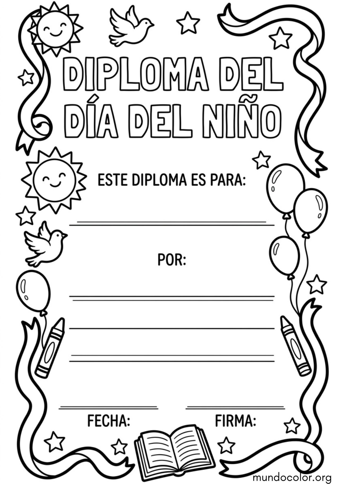Dibujo de Diploma del Día del Niño para colorear y rellenar para colorear