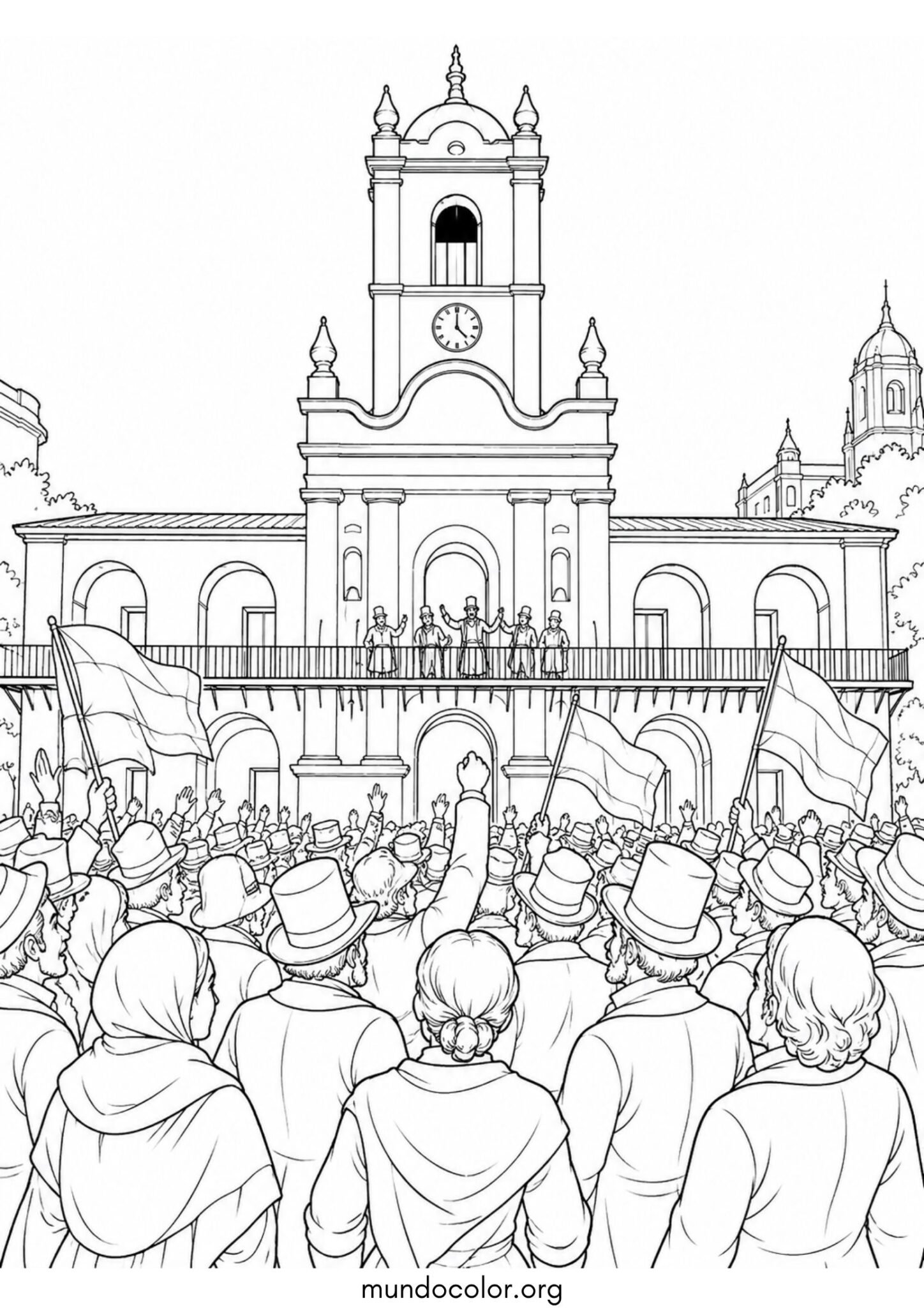 Dibujo de Revolución de Mayo – El Cabildo de Buenos Aires el 25 de Mayo de 1810 con gente congregada para colorear
