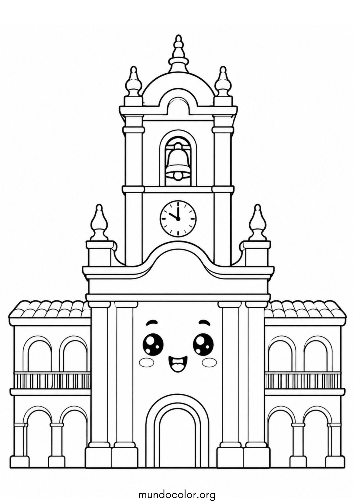 Dibujo de Revolución de Mayo – El Cabildo histórico estilo infantil kawaii con carita sonriente para colorear