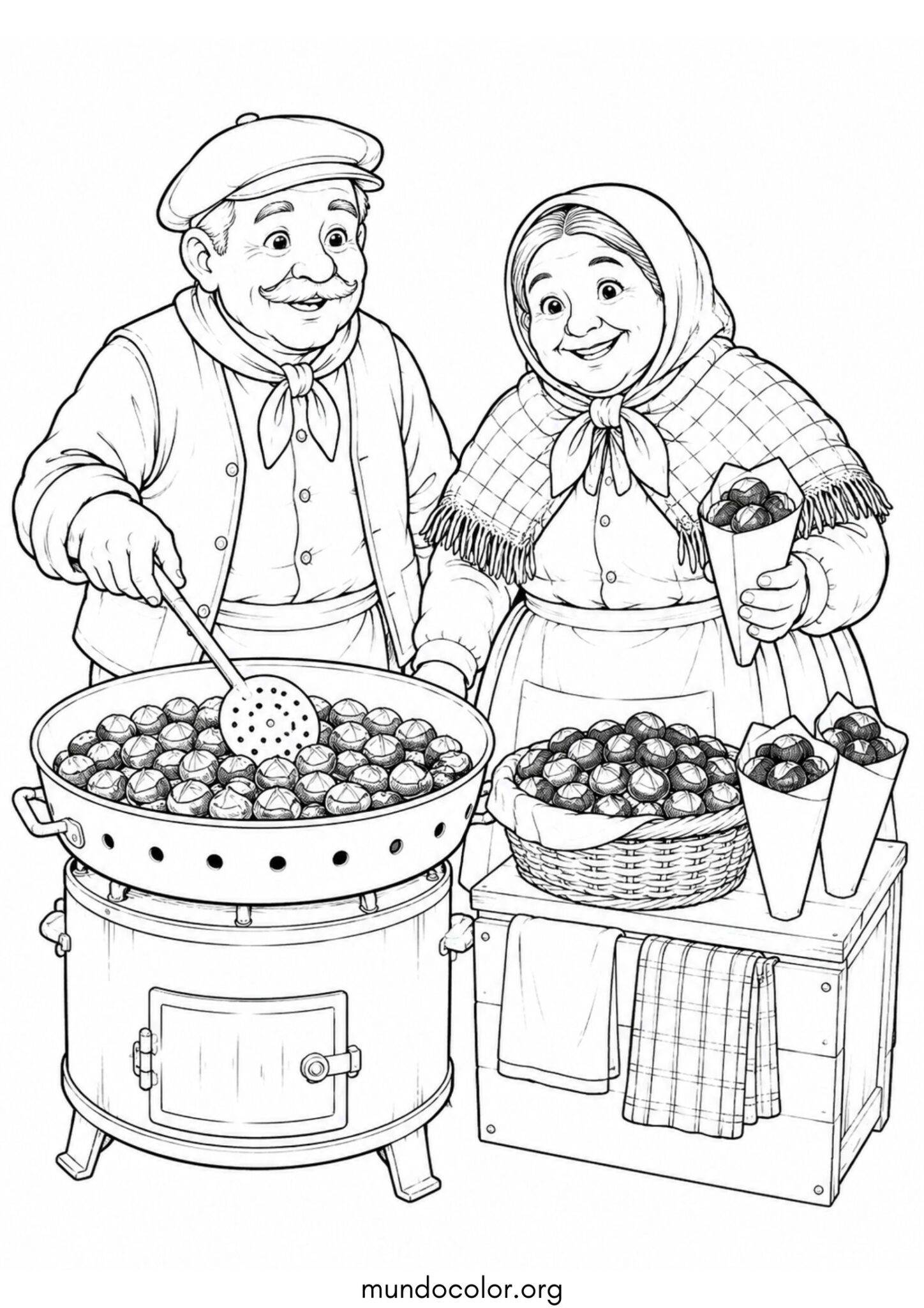 Dibujo de El Castañero y la Castañera con su puesto de castañas para colorear
