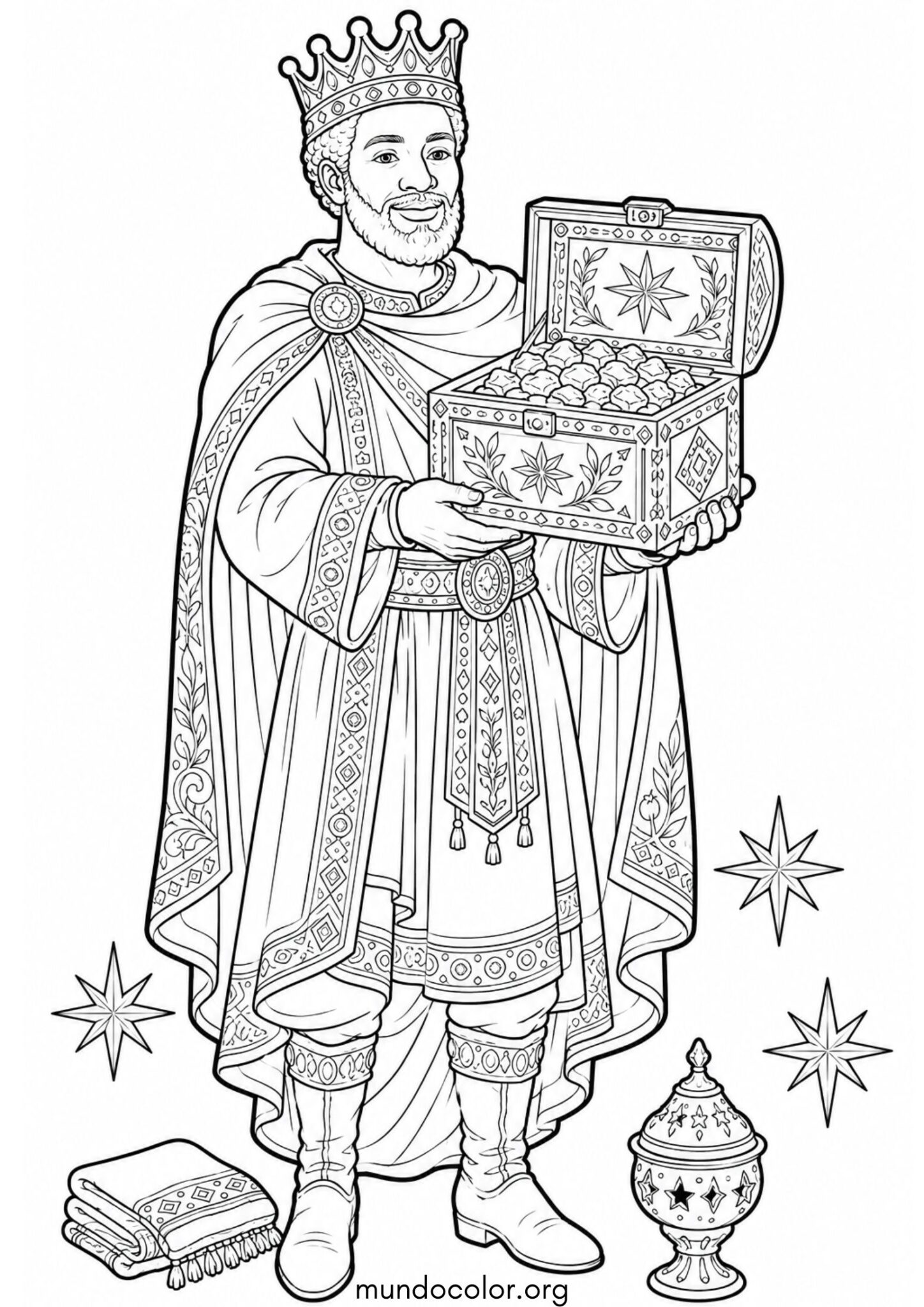 Dibujo de El Rey Baltasar con traje real y cofre de mirra para colorear