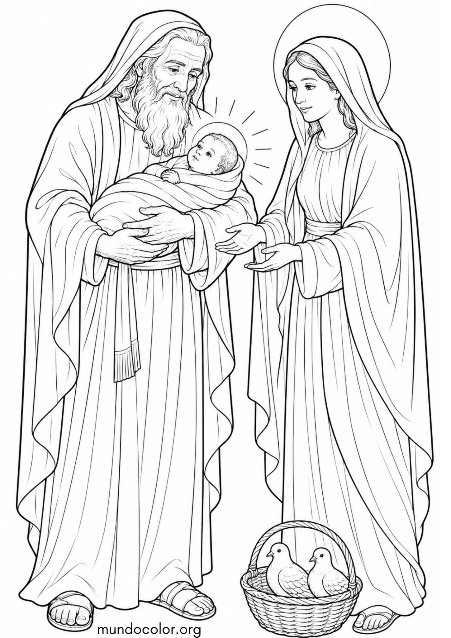 Dibujo de Día de la Candelaria y Tamales – El anciano Simeón recibiendo al Niño Jesús en sus brazos para colorear