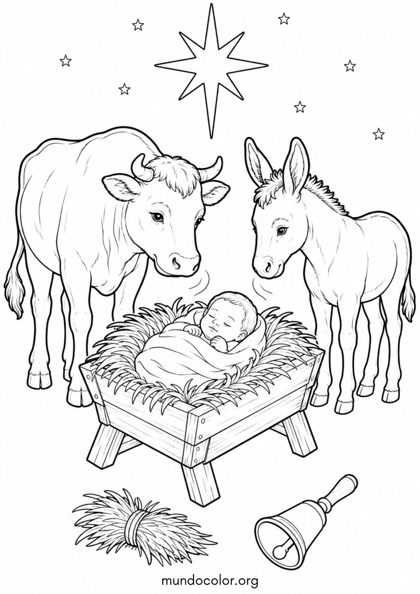 Dibujo de Las Posadas Navideñas – El buey y la mulita dando calor al Niño Jesús en el pesebre para colorear