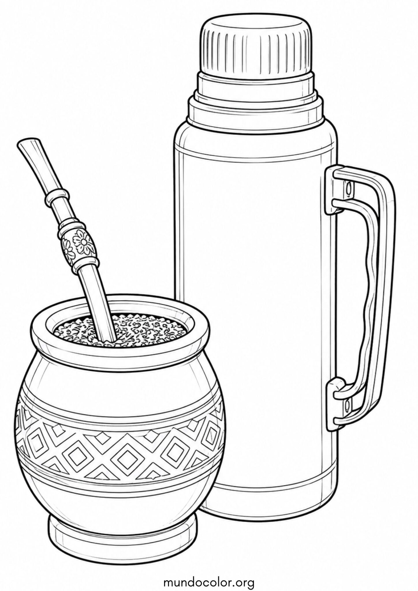 El mate tradicional argentino con bombilla y termo para imprimir y pintar Dibujo de El mate tradicional argentino con bombilla y termo para colorear