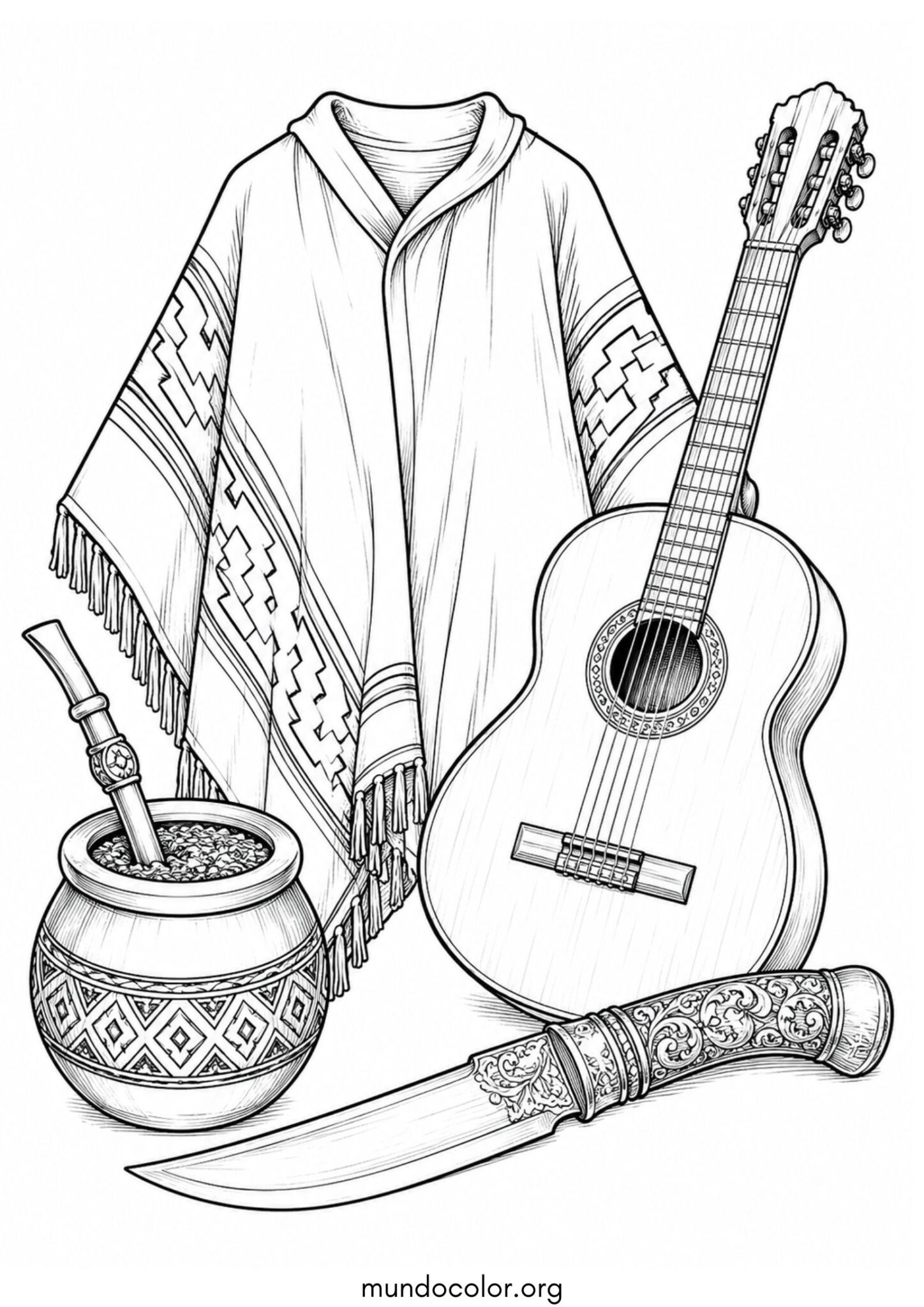 Día de la Tradición en Argentina – Elementos patrios: mate, guitarra, poncho y facón para imprimir y pintar Dibujo de Día de la Tradición en Argentina – Elementos patrios: mate, guitarra, poncho y facón para colorear
