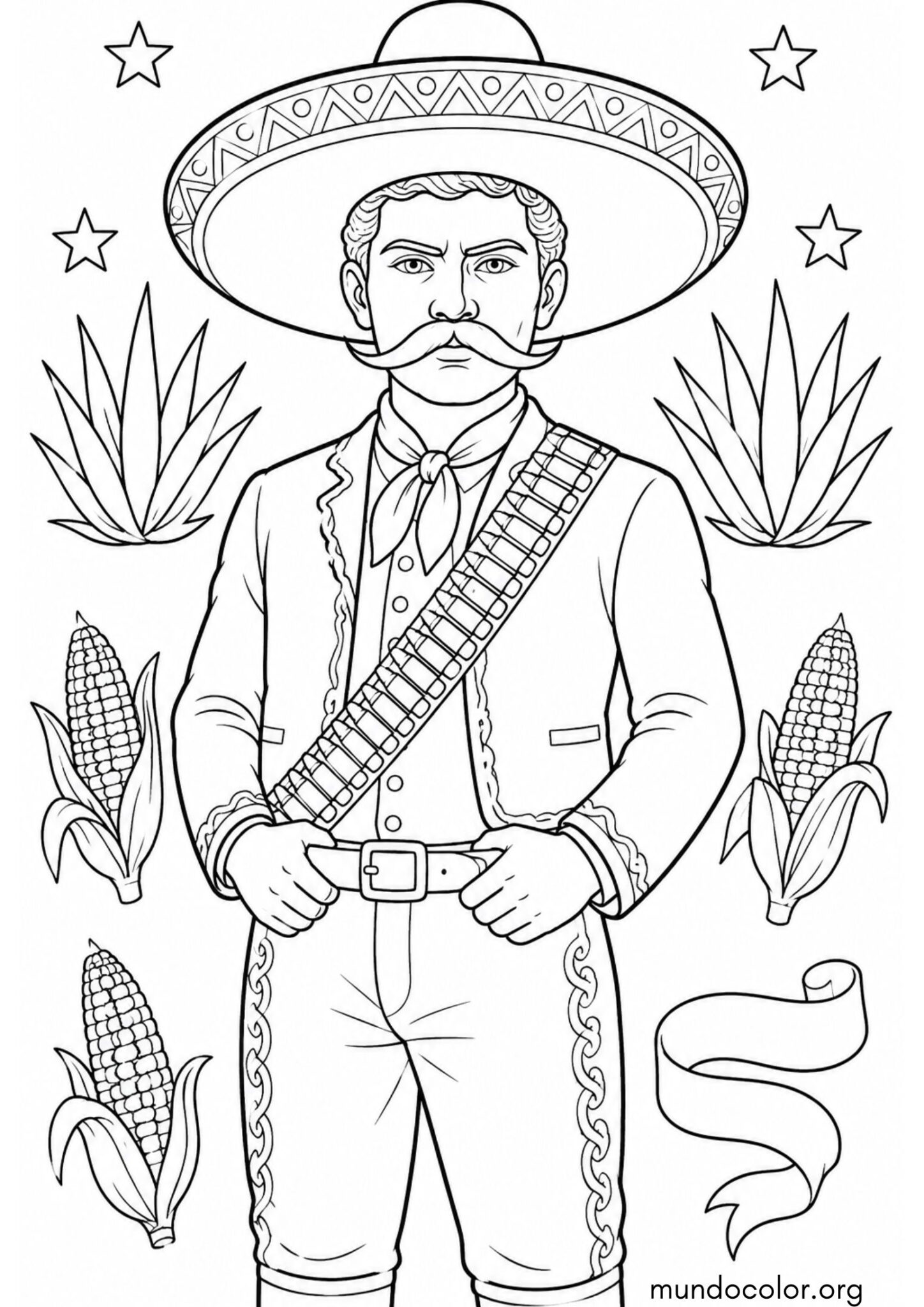 Día de la Revolución Mexicana – Emiliano Zapata con sombrero de charro y bigote para imprimir y pintar Dibujo de Día de la Revolución Mexicana – Emiliano Zapata con sombrero de charro y bigote para colorear