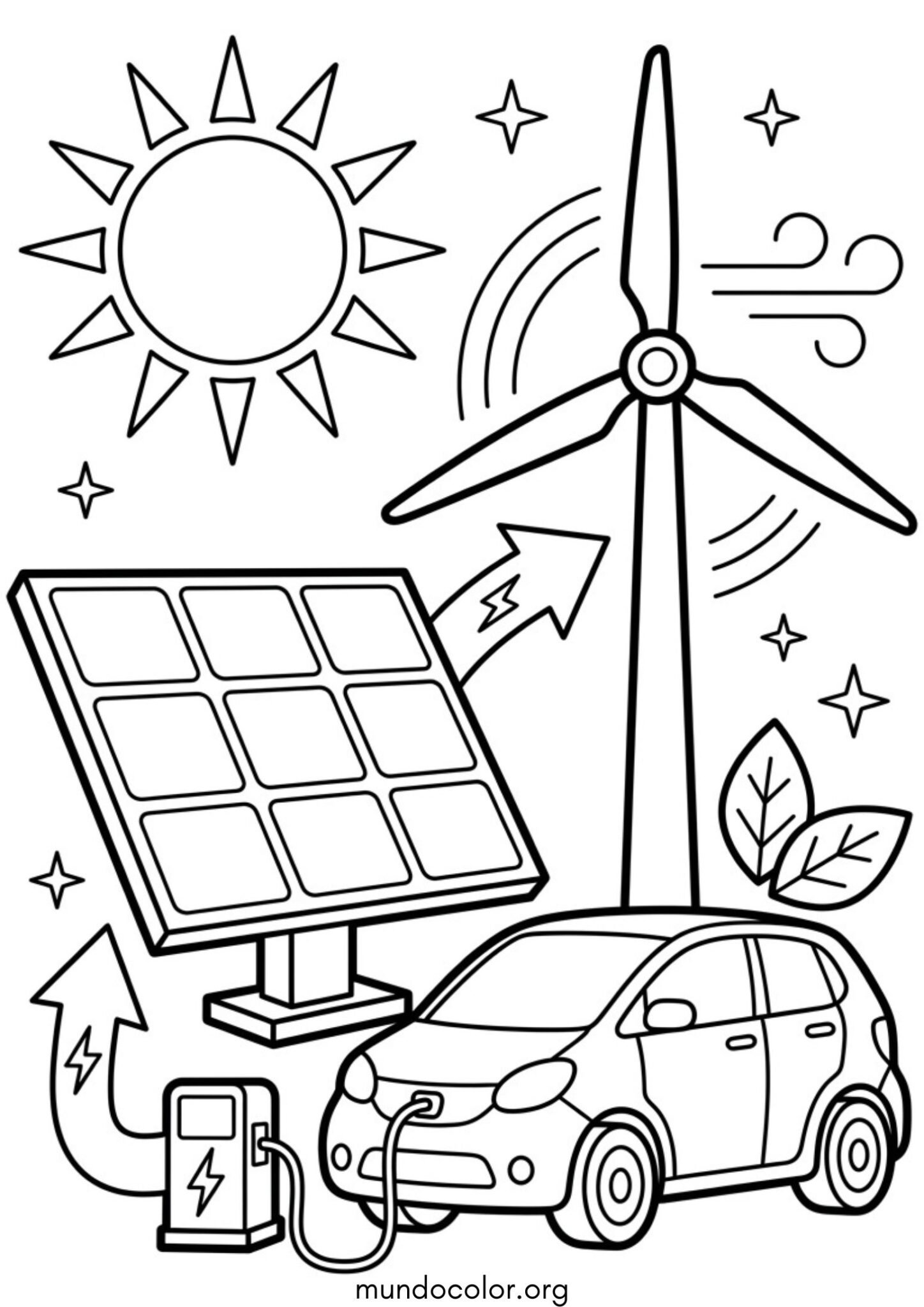 Dibujo de Día Mundial de la Ciencia – Energías renovables: panel solar, molino de viento y coche eléctrico para colorear