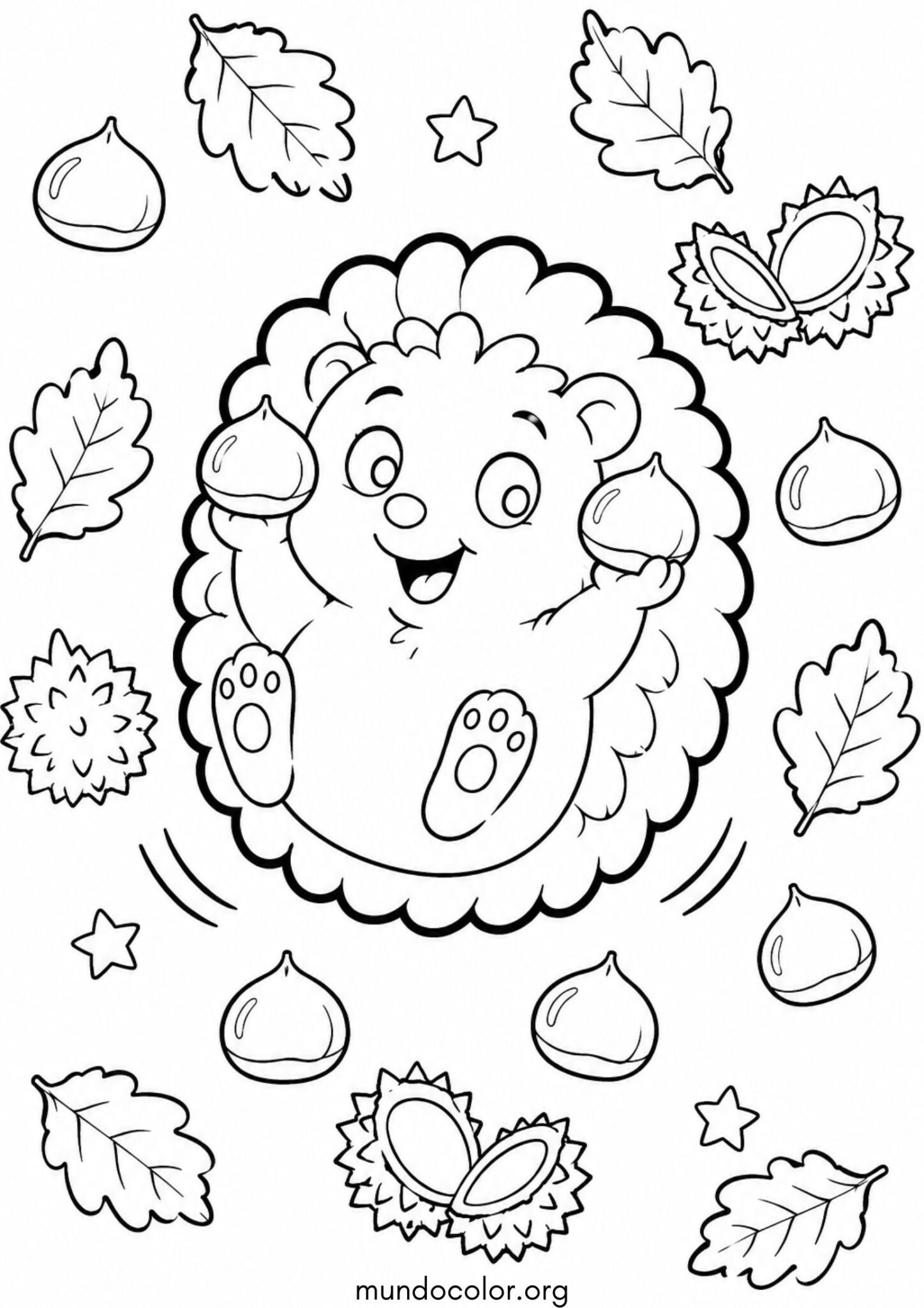 Dibujo de Fiesta de la Castaña – Erizo de bosque jugando con castañas y hojas secas para colorear