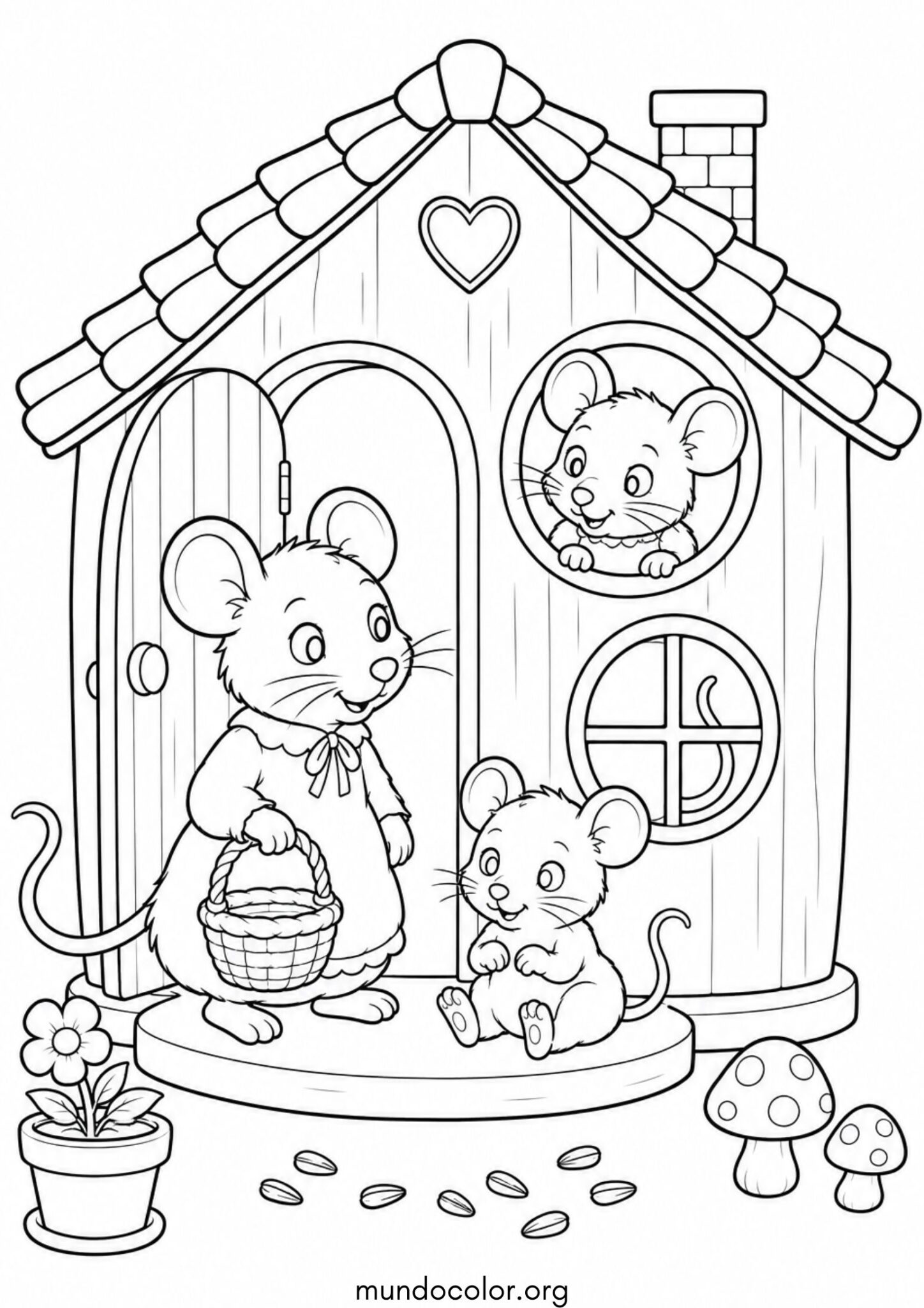 Dibujo de Familia de ratones en su casita para colorear
