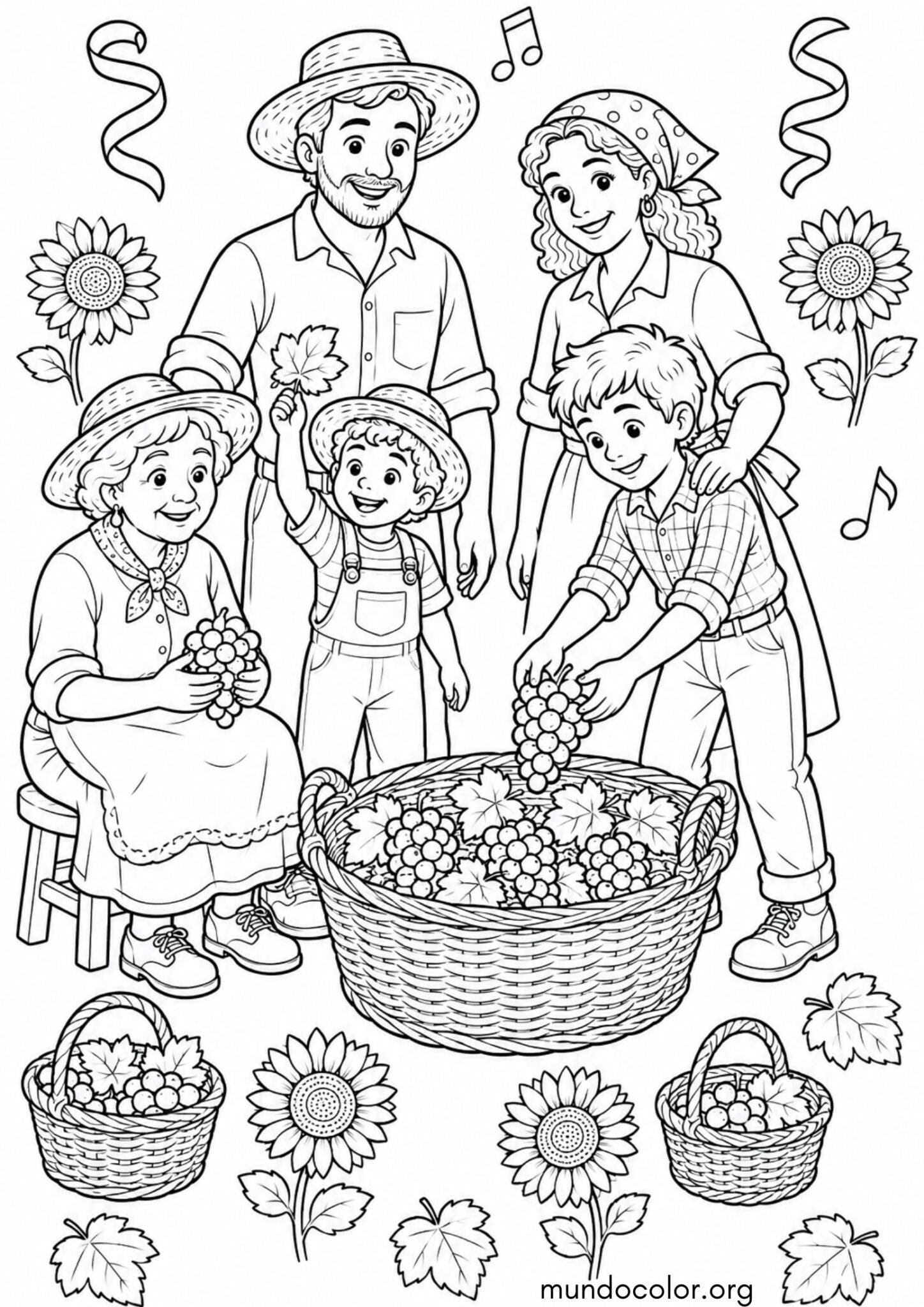 Dibujo de Fiesta de la Vendimia – Familia feliz celebrando la cosecha en el campo para colorear