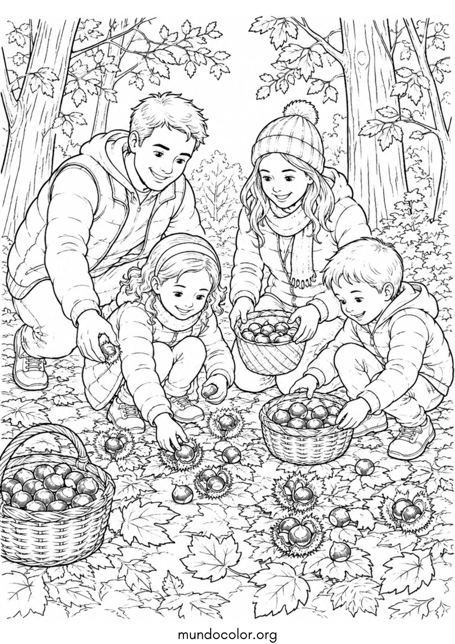 Dibujo de Fiesta de la Castaña – Familia junta recogiendo castañas en el bosque de otoño para colorear