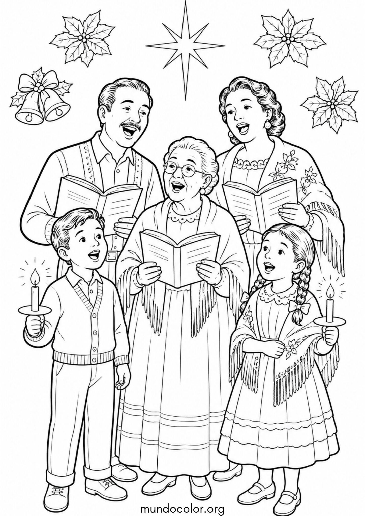 Dibujo de Las Posadas Navideñas – Familia reunida cantando villancicos bajo la luz de las velas para colorear