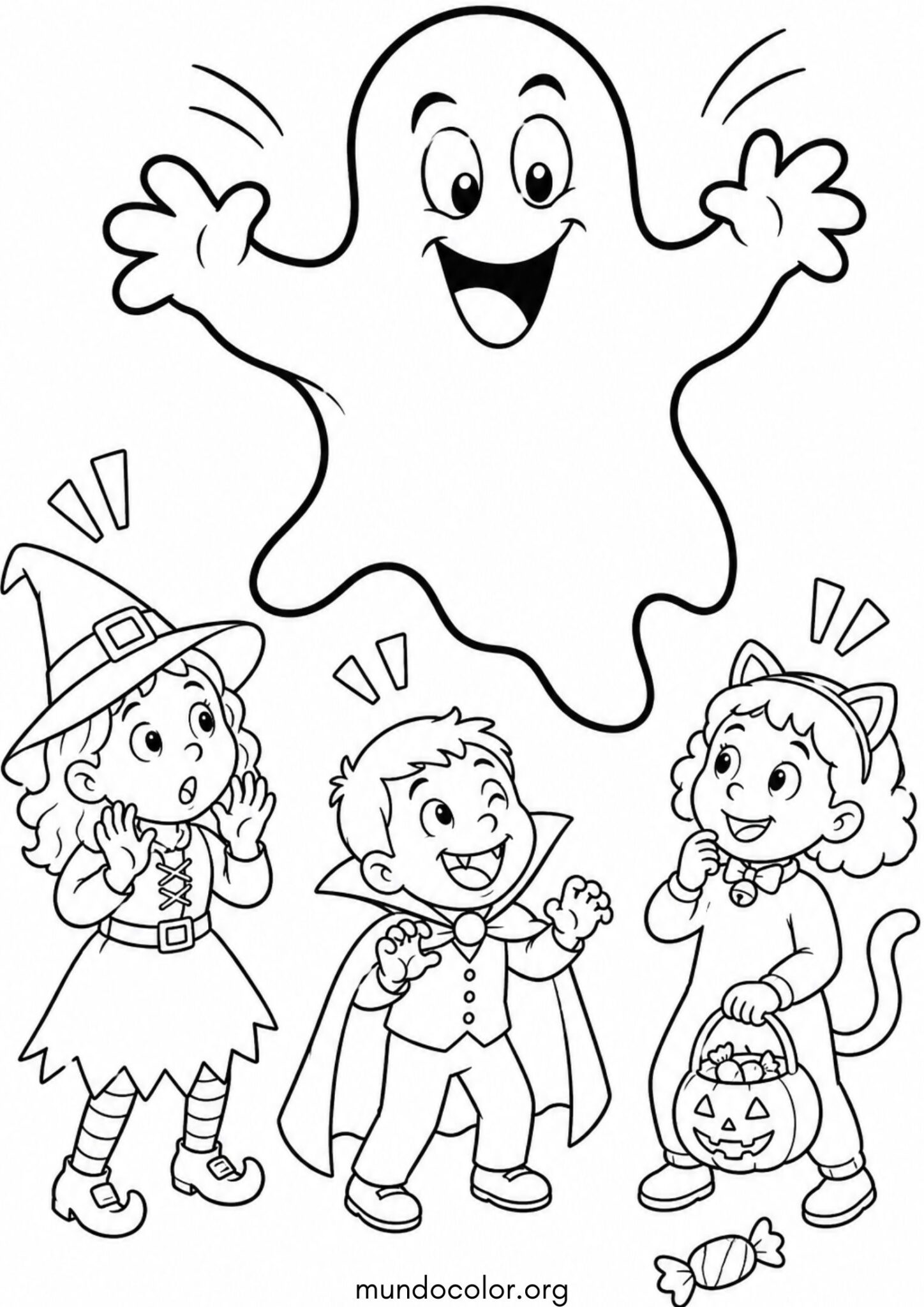 Dibujo de Fantasma asustando a los niños en Halloween para imprimir Dibujo de Fantasma asustando a los niños en Halloween para colorear