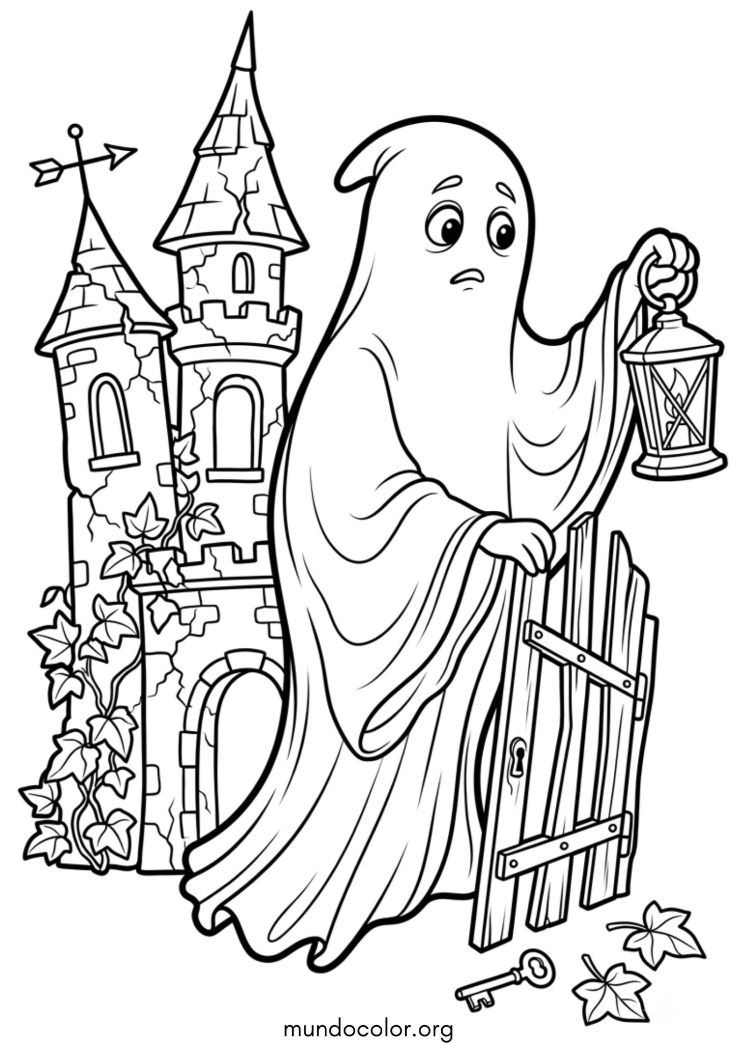 Dibujo de Fantasma junto a un castillo abandonado para colorear