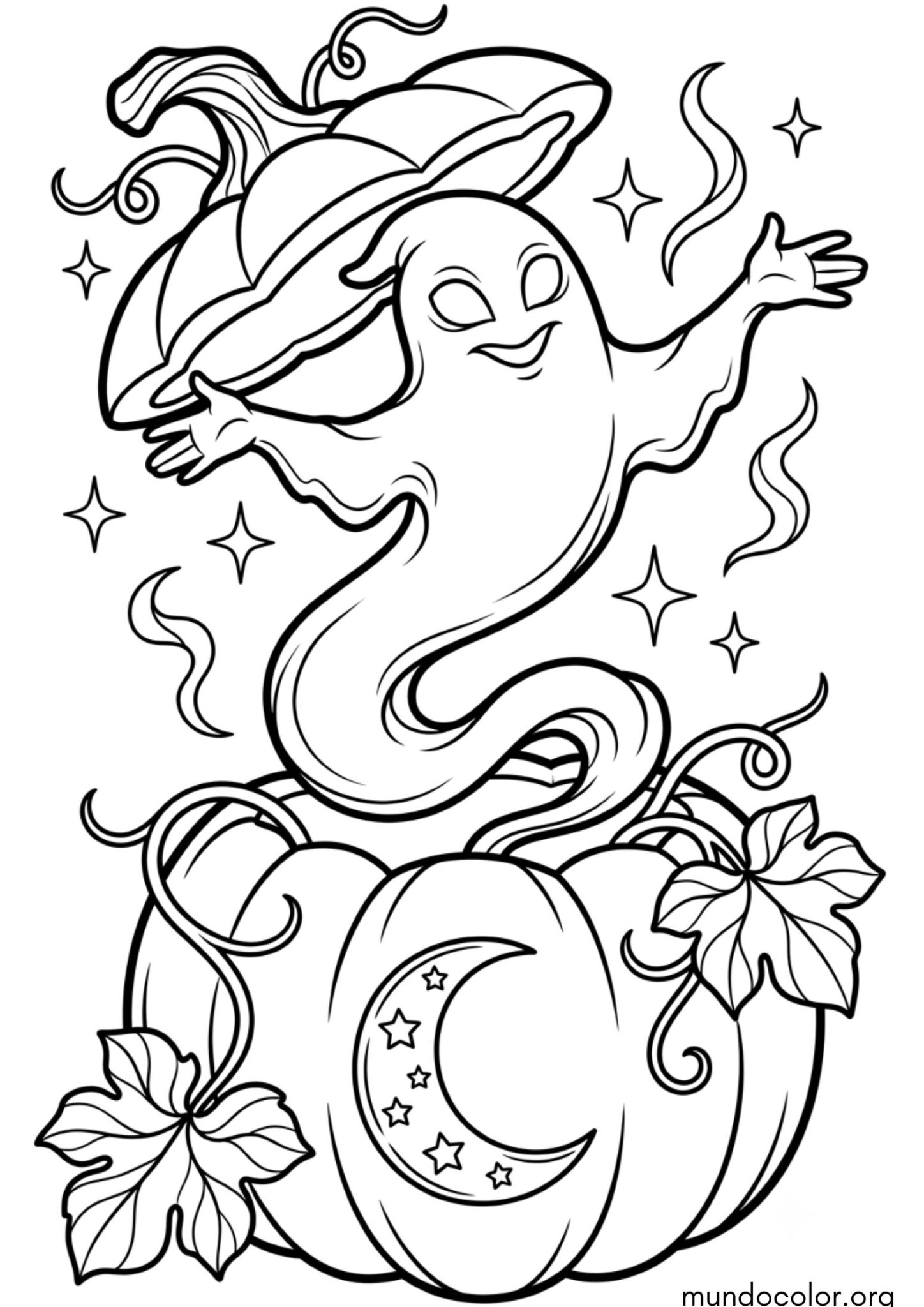 Dibujo de Fantasma saliendo de una calabaza de Halloween para colorear