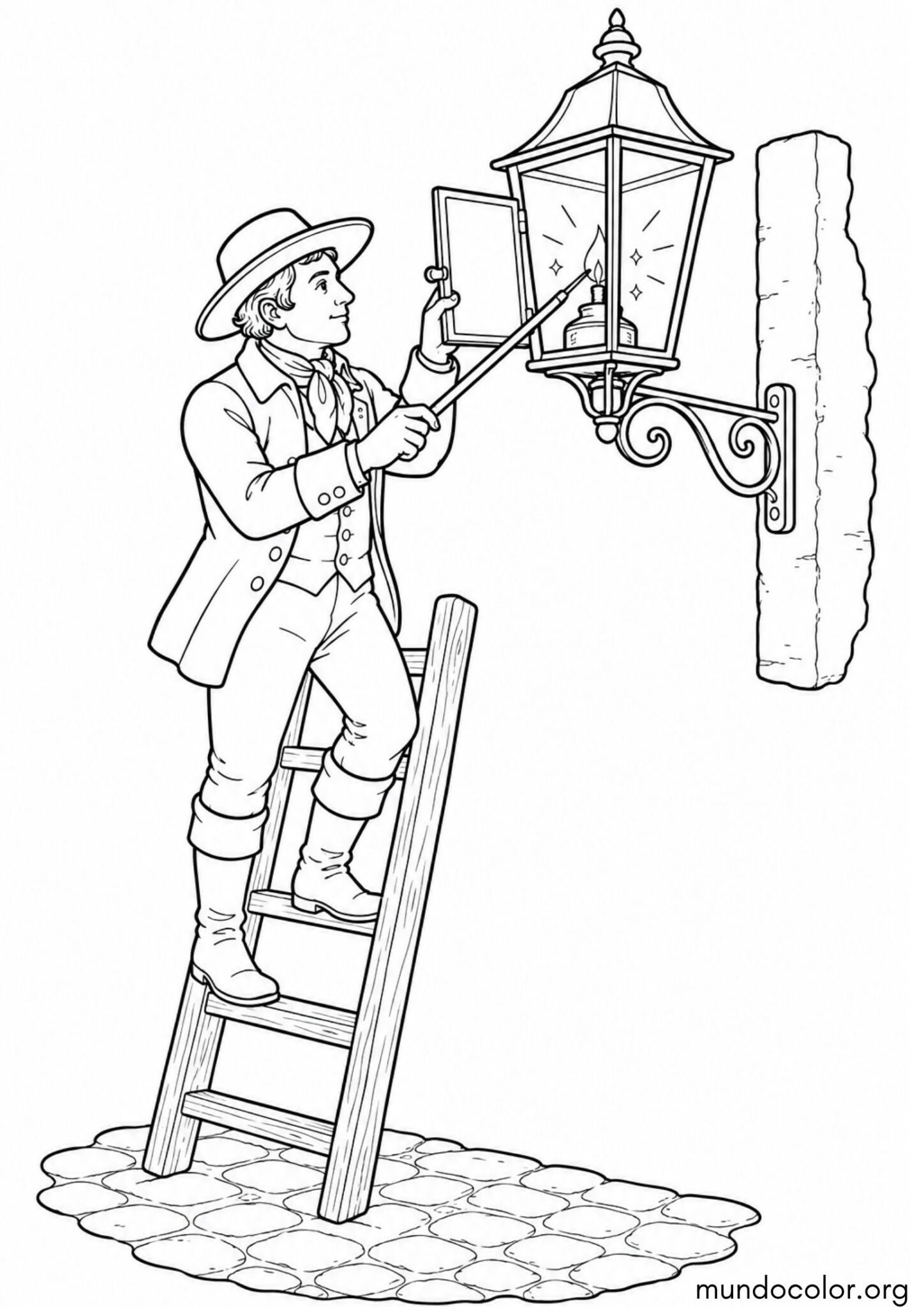 Dibujo de Revolución de Mayo – Farolero colonial encendiendo las farolas de las calles empedradas para colorear