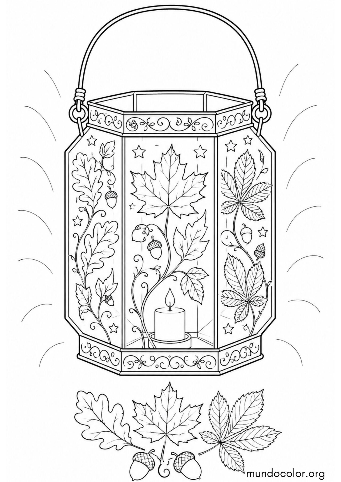 Dibujo de Farolillo decorado con hojas secas de otoño y bellotas para colorear