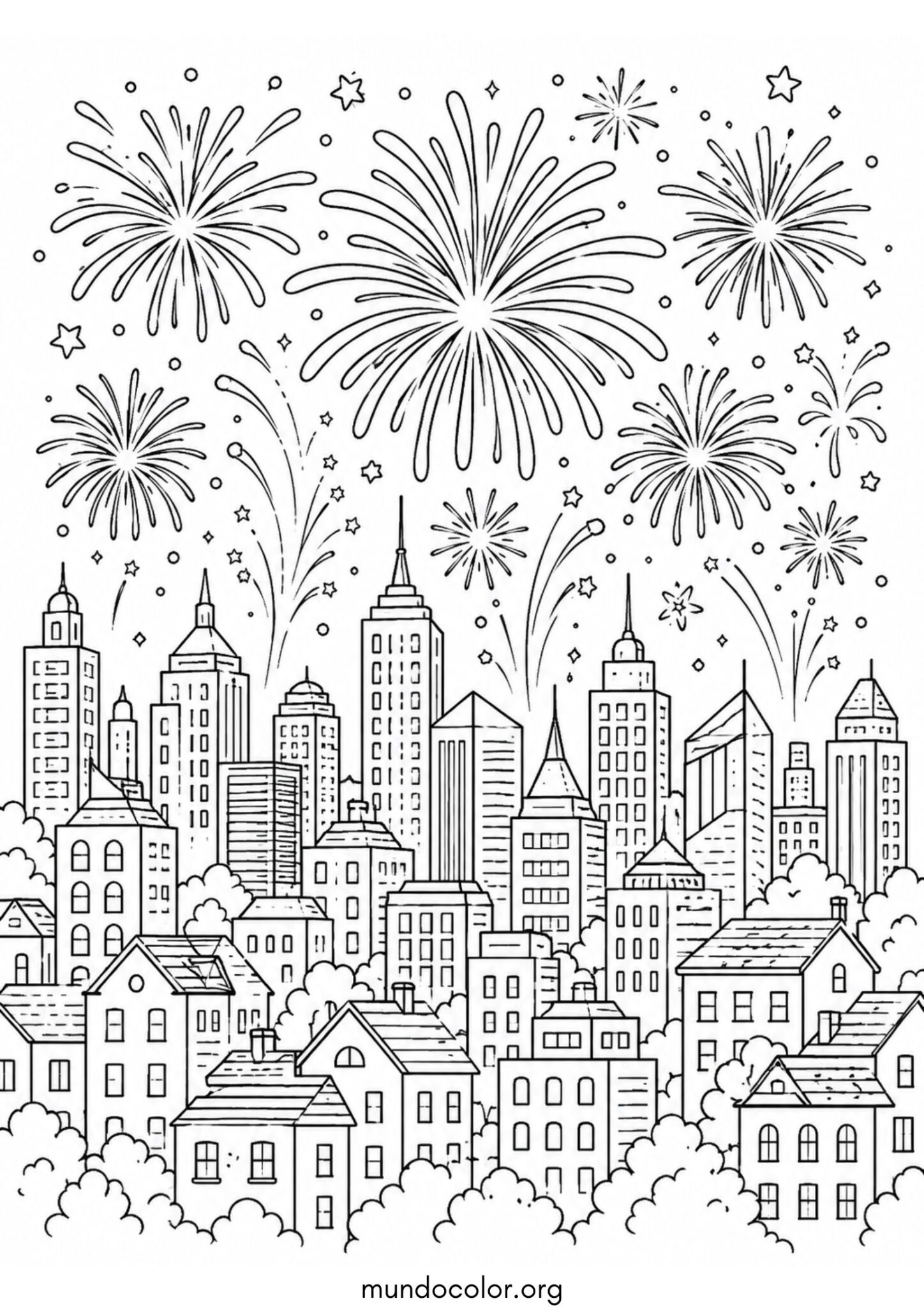 Dibujo de Fuegos artificiales sobre la ciudad para colorear