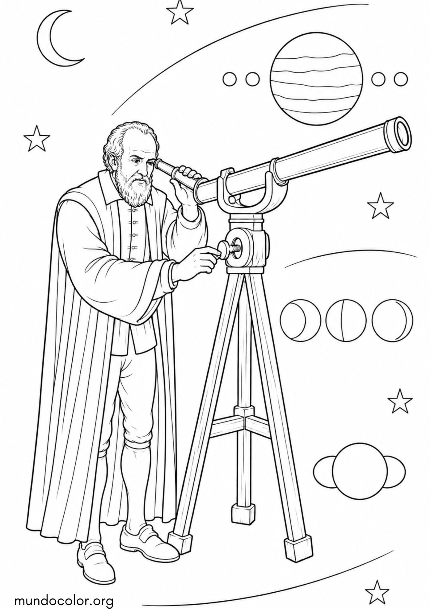 Dibujo de Día Mundial de la Ciencia – Galileo Galilei observando los planetas para colorear