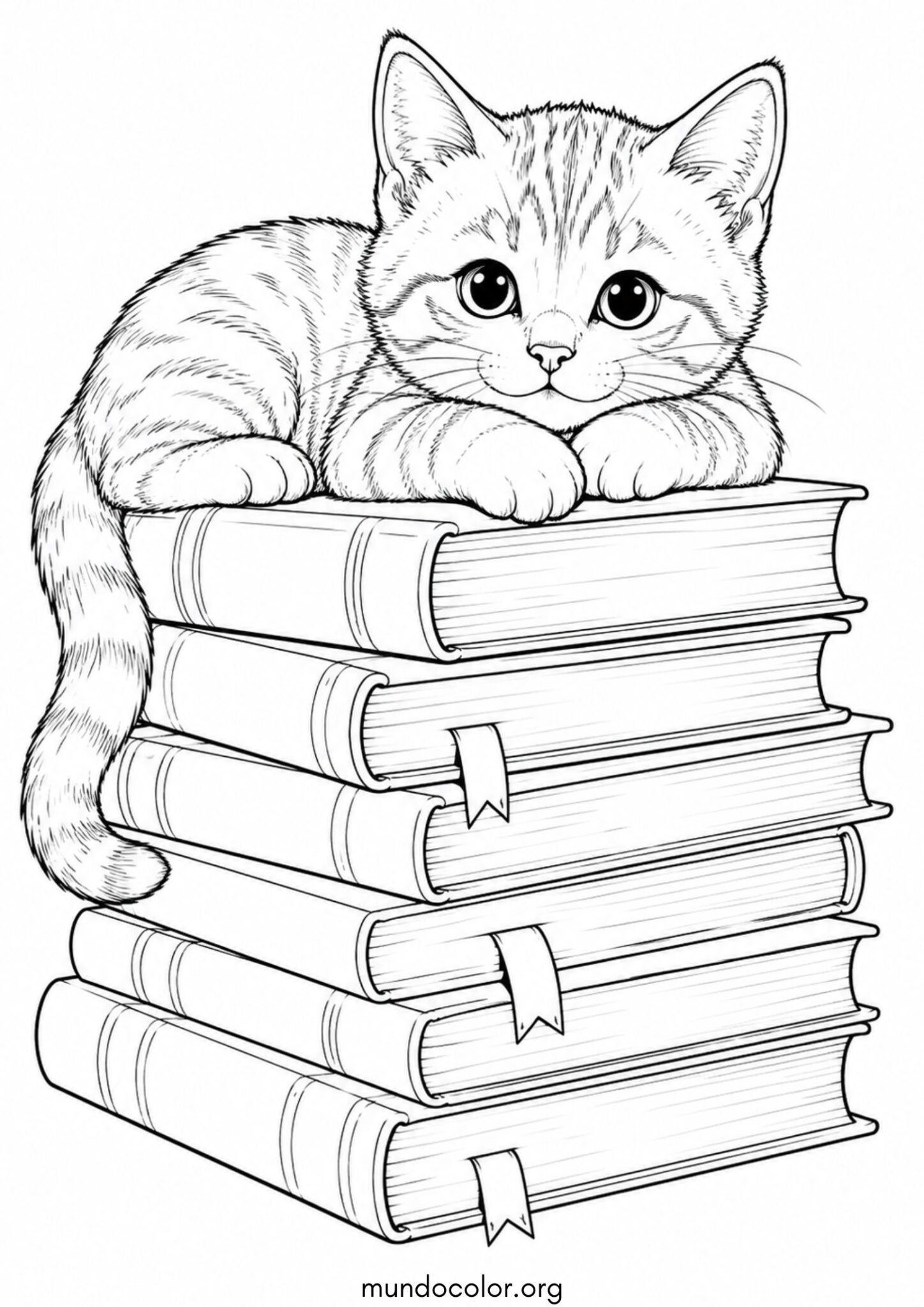 Dibujo de Día del Libro – Gatito acostado sobre una pila de libros para colorear