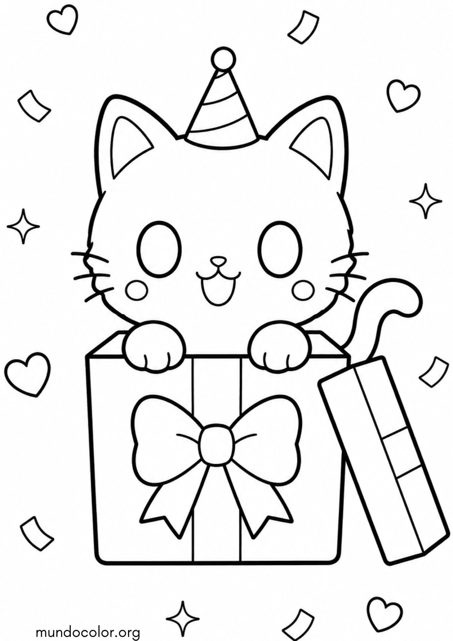 Dibujo de Cumpleaños – Gatito kawaii saliendo de una caja de regalo para colorear