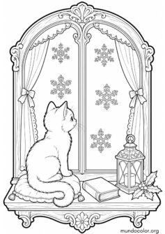 Invierno – Gatito mirando los copos de nieve por la ventana