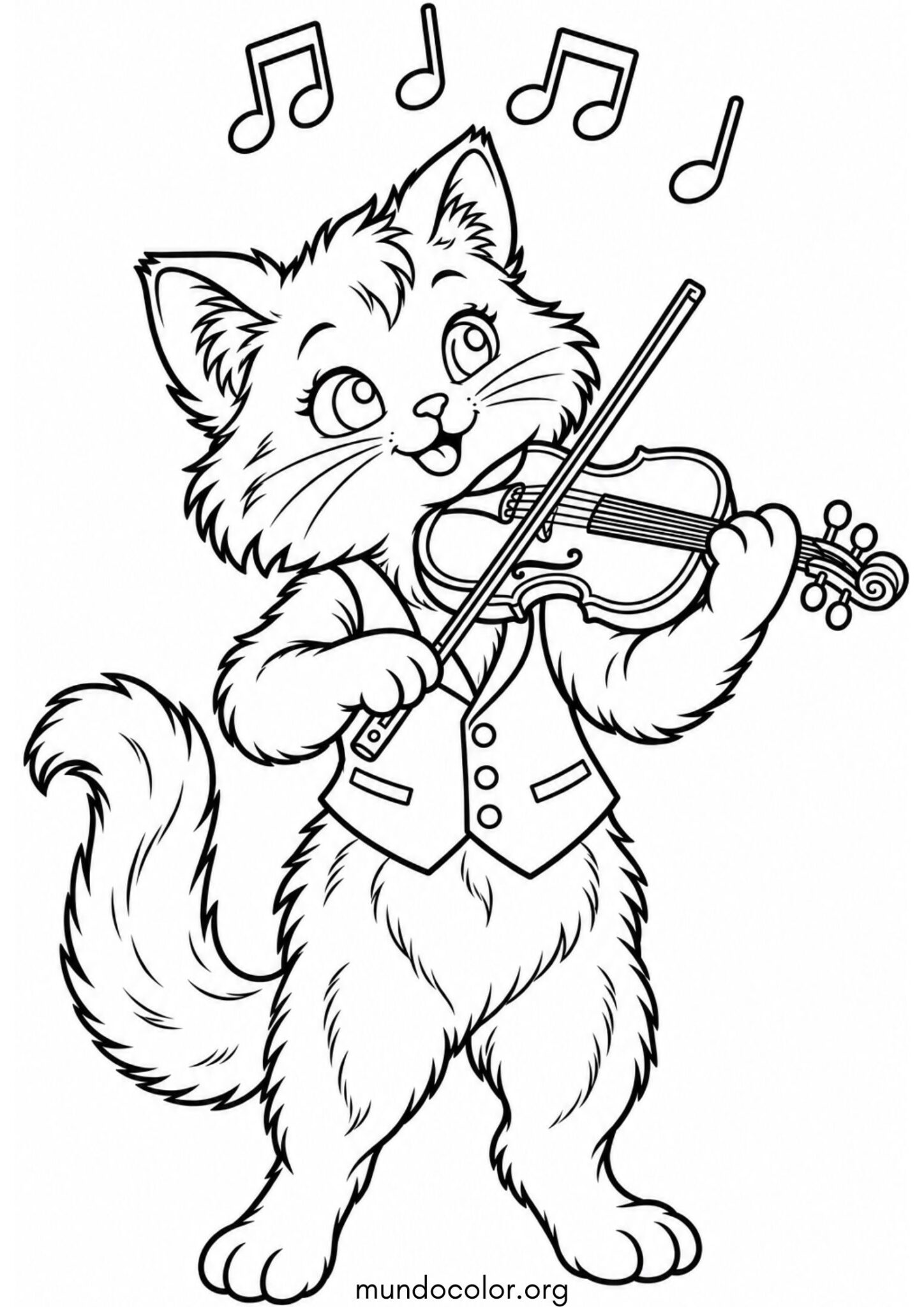 Dibujo de Día de la Música – Gatito tocando el violín con notas flotando para colorear