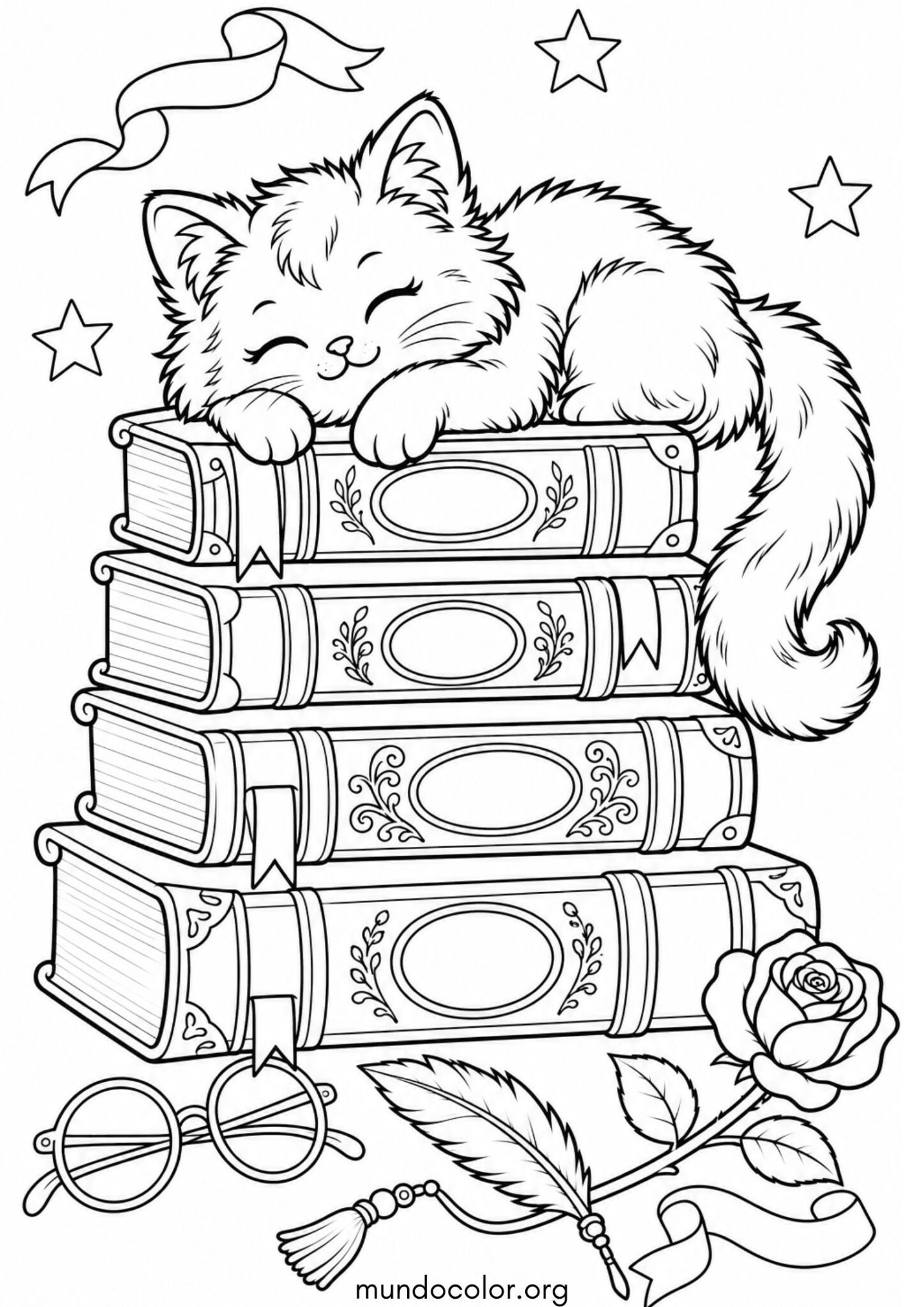 Dibujo de Día del Libro – Gatito tumbado sobre libros para colorear
