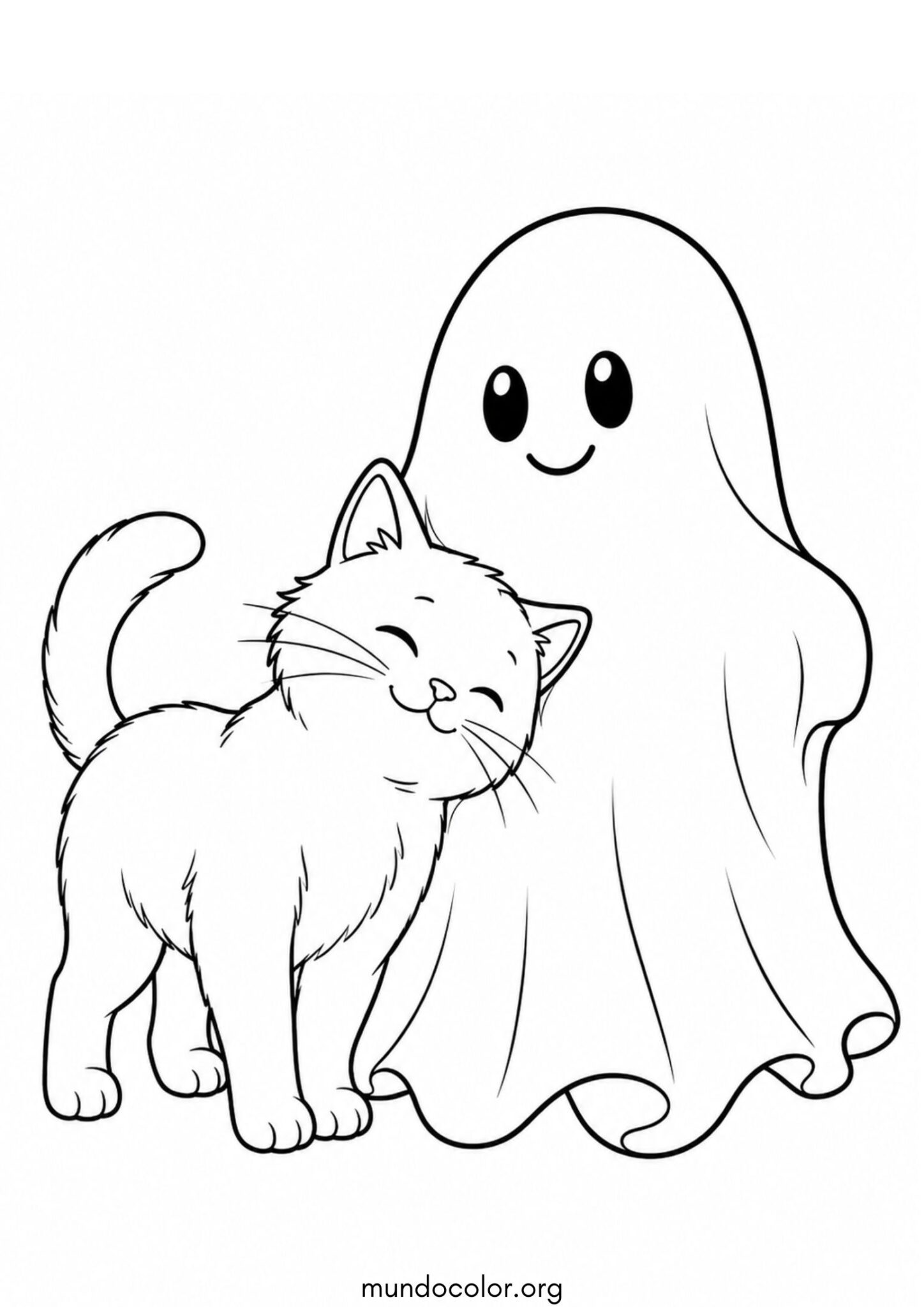 Dibujo de Gato frotándose contra un fantasma de Halloween para imprimir Dibujo de Gato frotándose contra un fantasma de Halloween para colorear