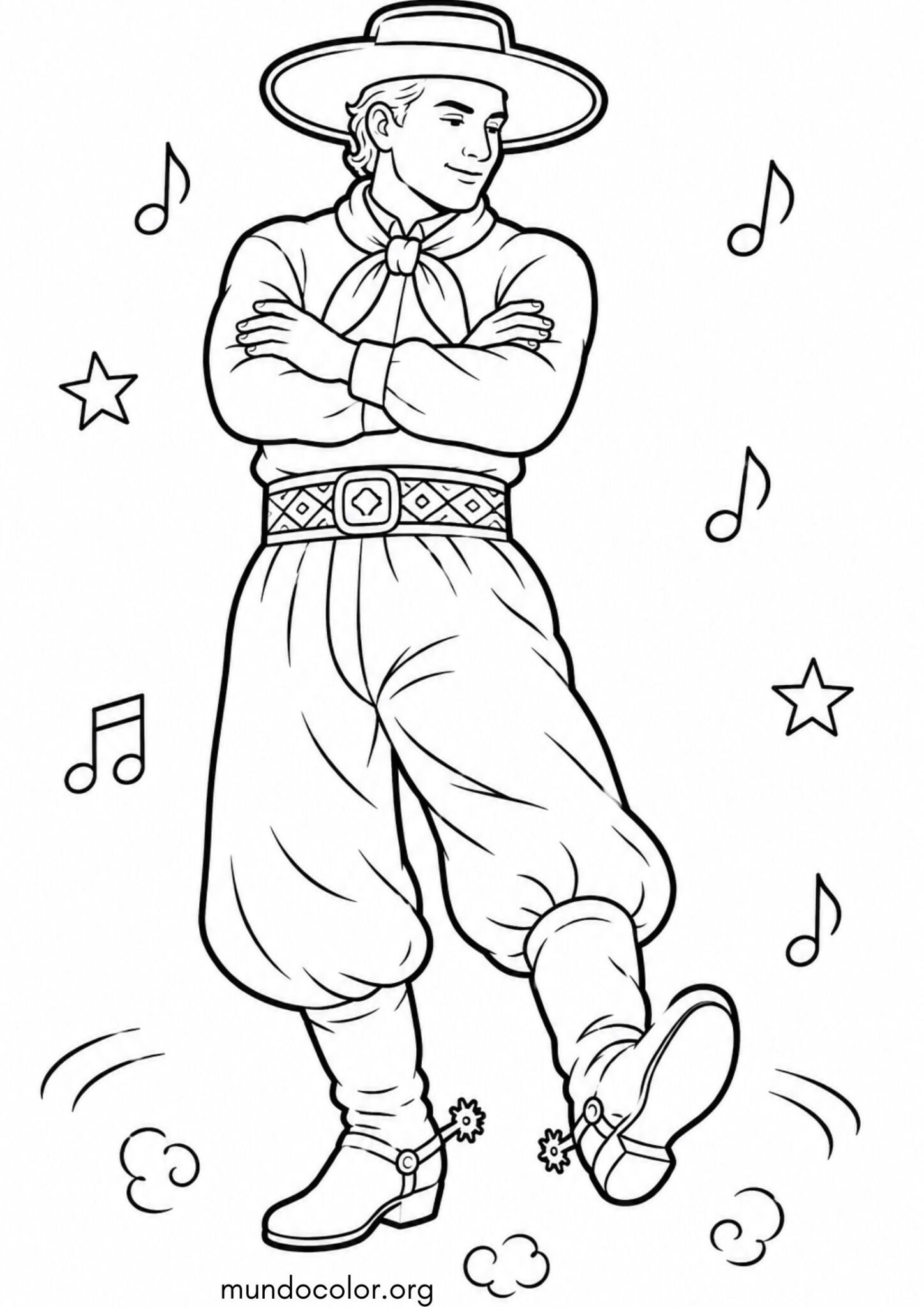 Dibujo de Día de la Tradición en Argentina – Gaucho bailando el malambo con botas y espuelas para colorear