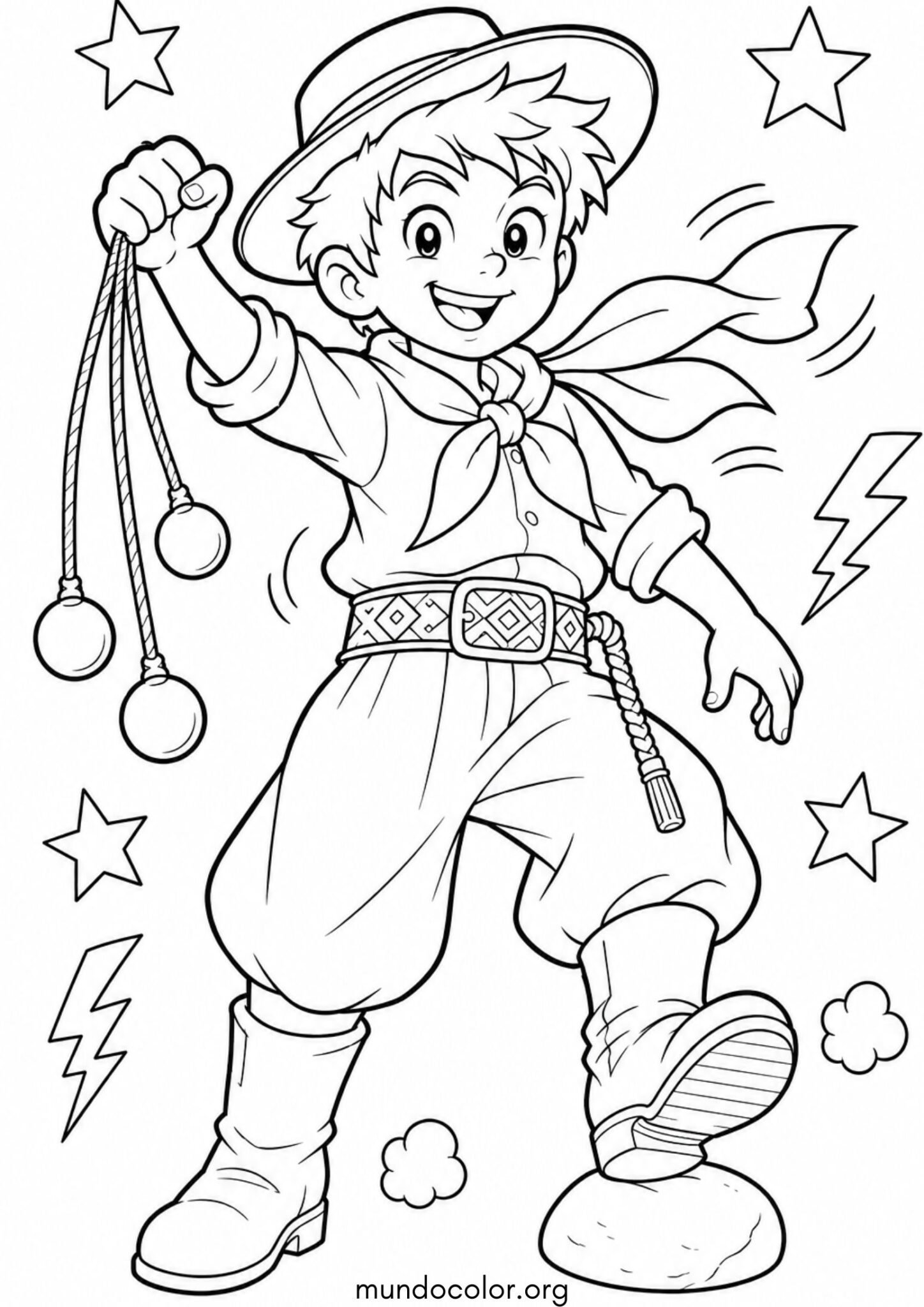 Dibujo de Día de la Tradición en Argentina – Gaucho infantil con boleadoras y rebenque para colorear