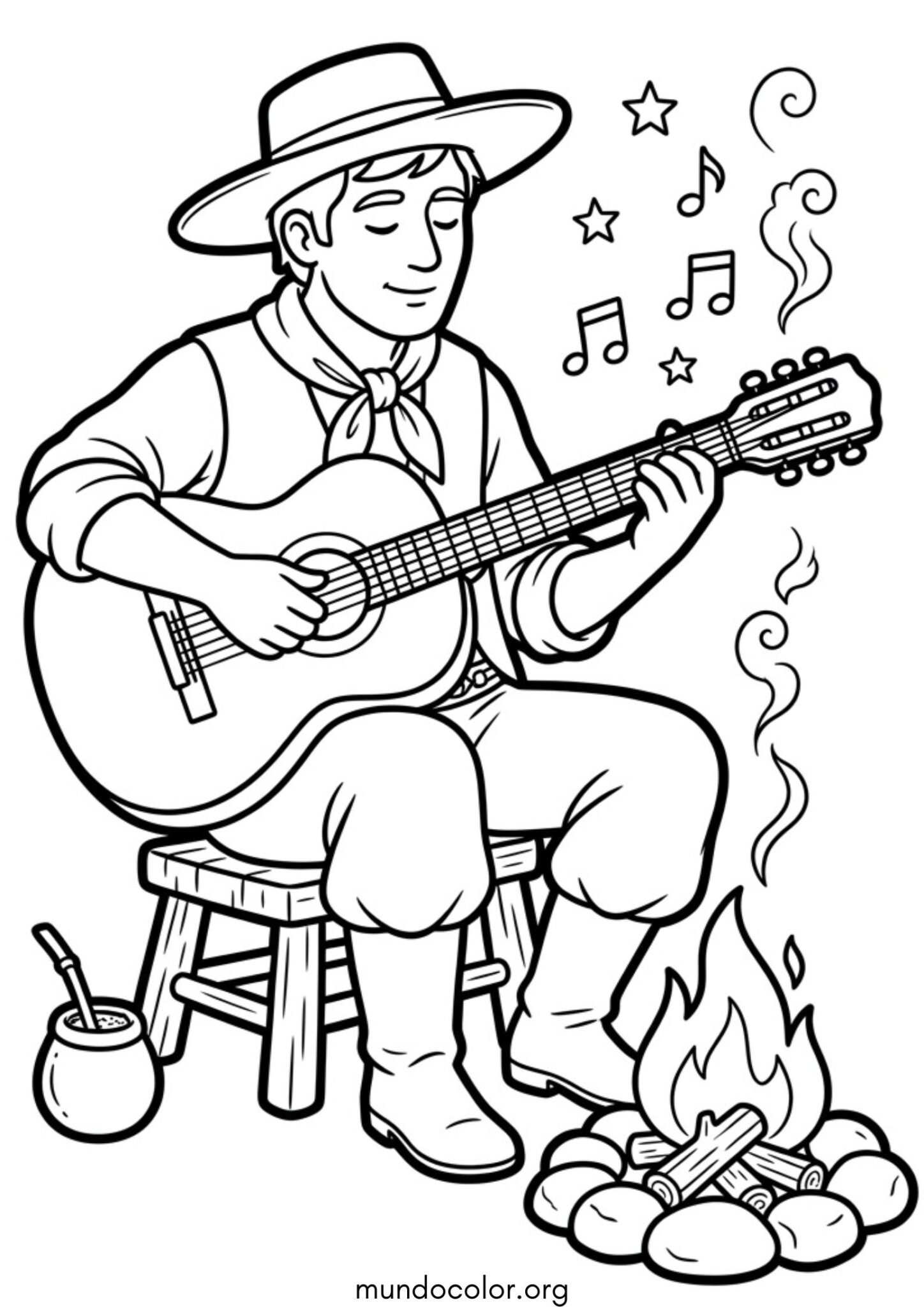 Dibujo de Día de la Tradición en Argentina – Gaucho tocando la guitarra junto al fogón para colorear