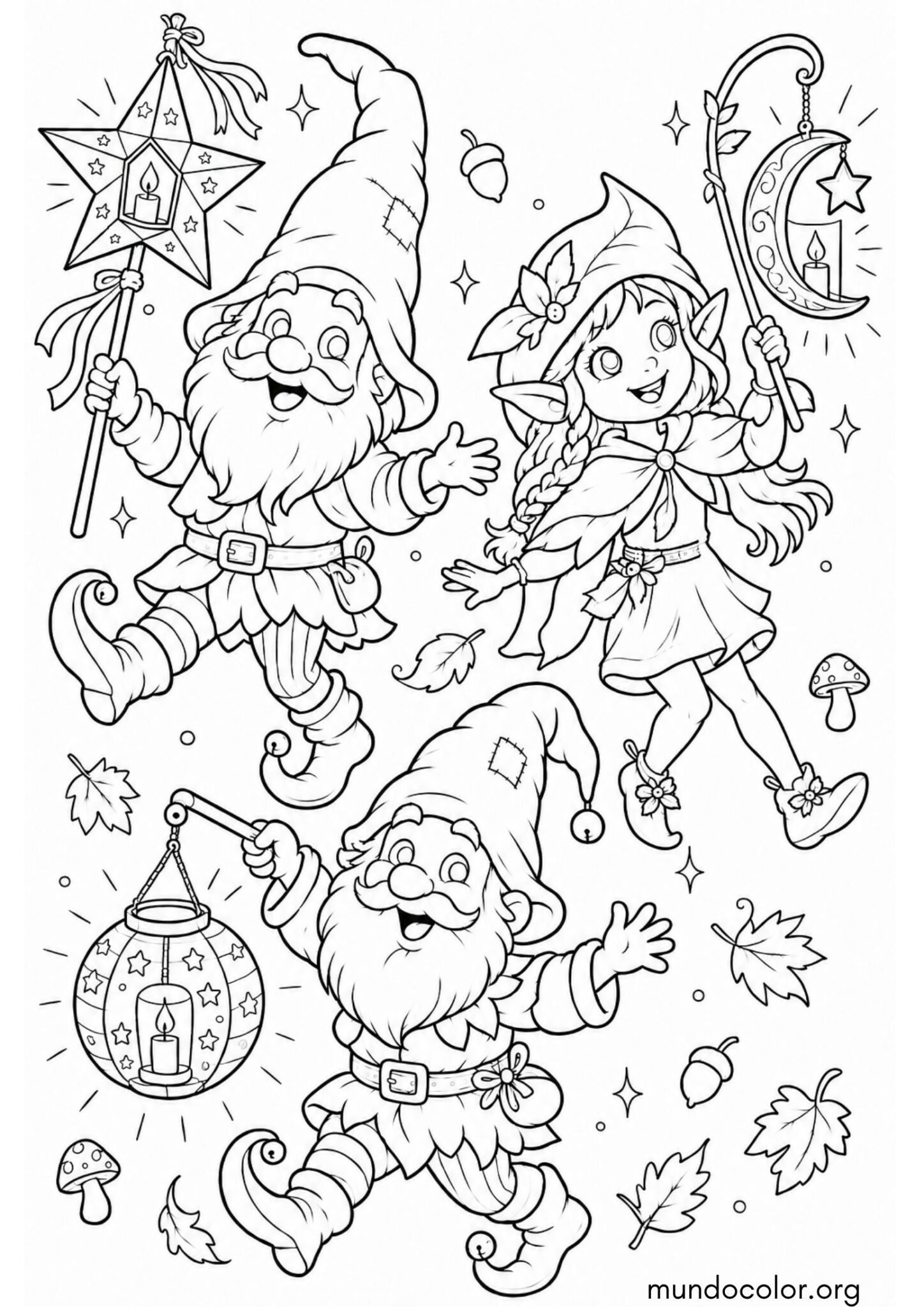 Dibujo de Gnomos y duendes del bosque con linternas de estrellas para colorear