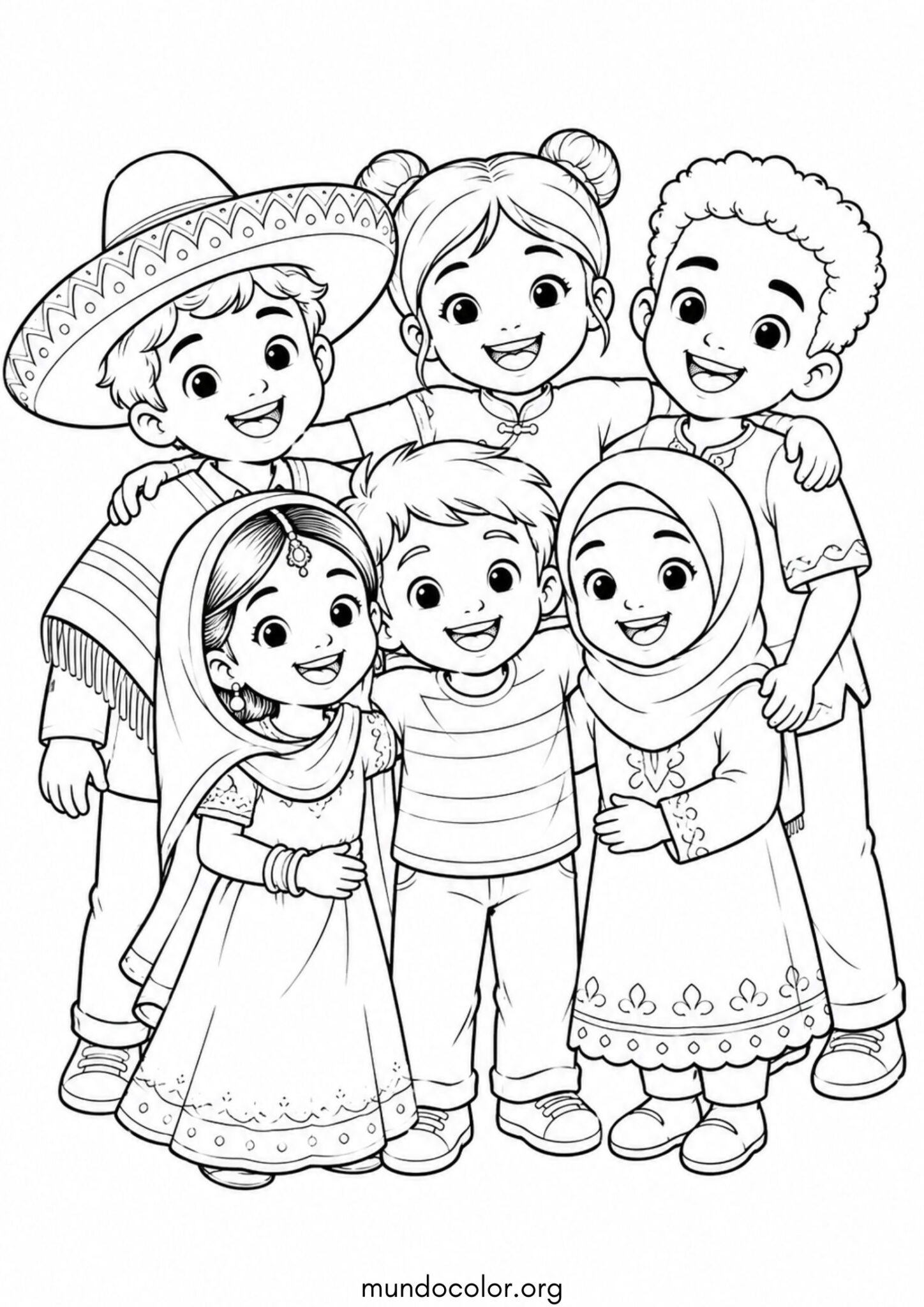 Dibujo de Día del Niño – Grupo de niños de diferentes culturas sonriendo para colorear