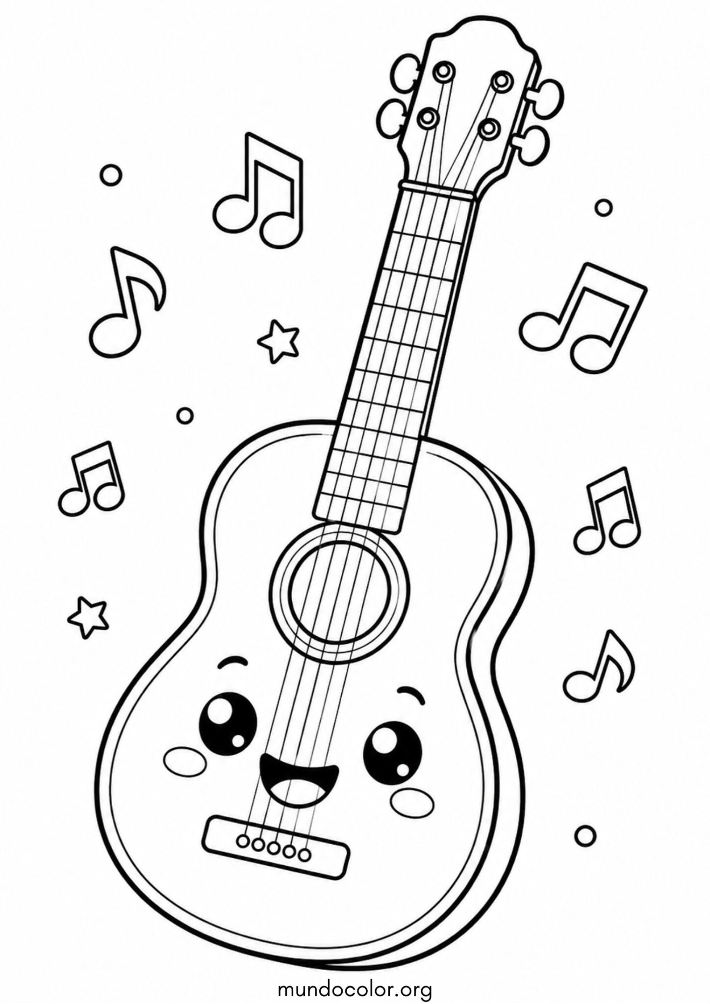 Dibujo de Día de la Música – Guitarrita kawaii con carita feliz y notas musicales para colorear