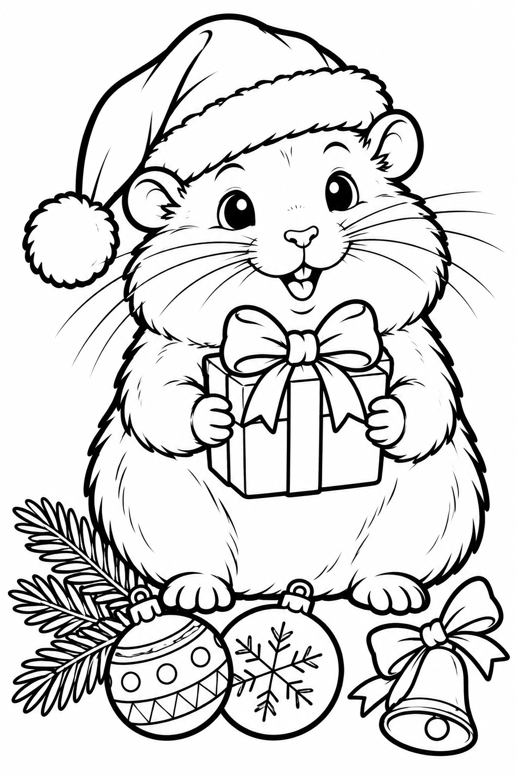 Dibujo de Hámster navideño con gorro de Papá Noel para colorear