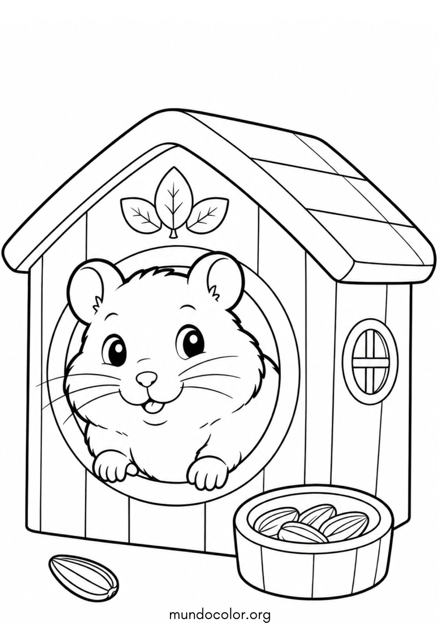 Dibujo de Hámster saliendo de su casita de madera para colorear