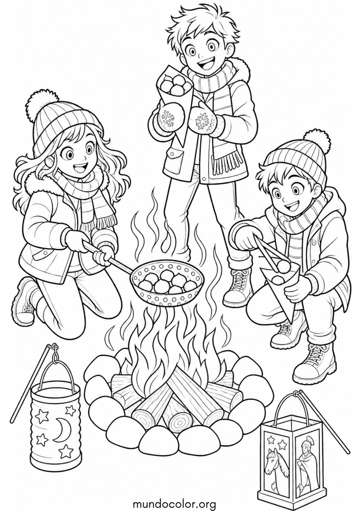 Dibujo de Hoguera de San Martín con niños asando castañas para colorear