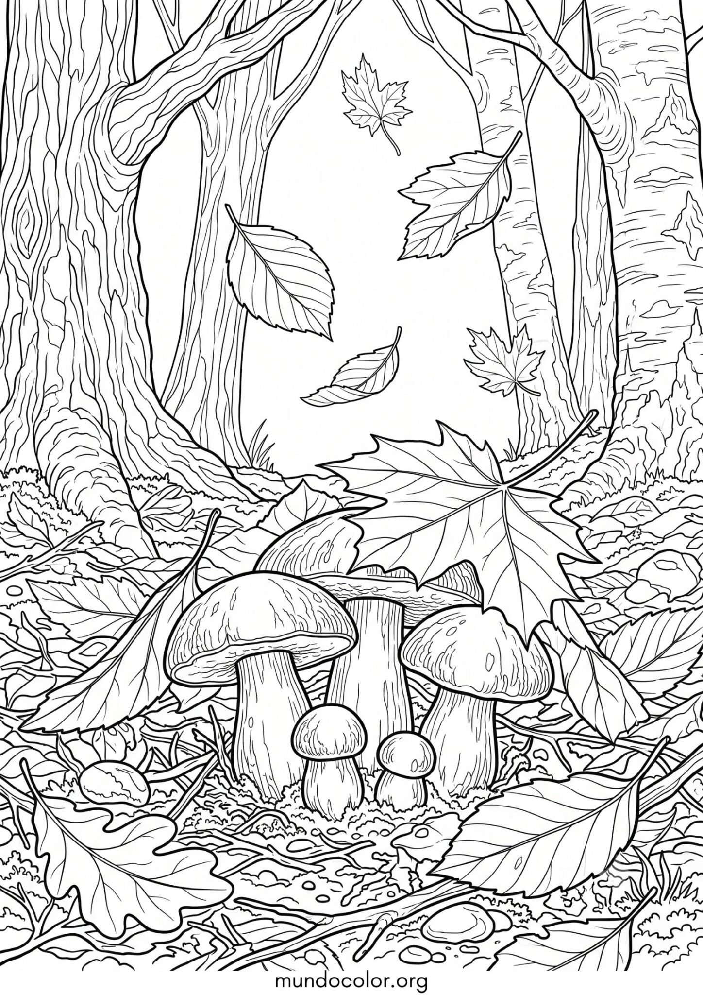 Dibujo de Hongos bajo las hojas caídas de otoño para colorear