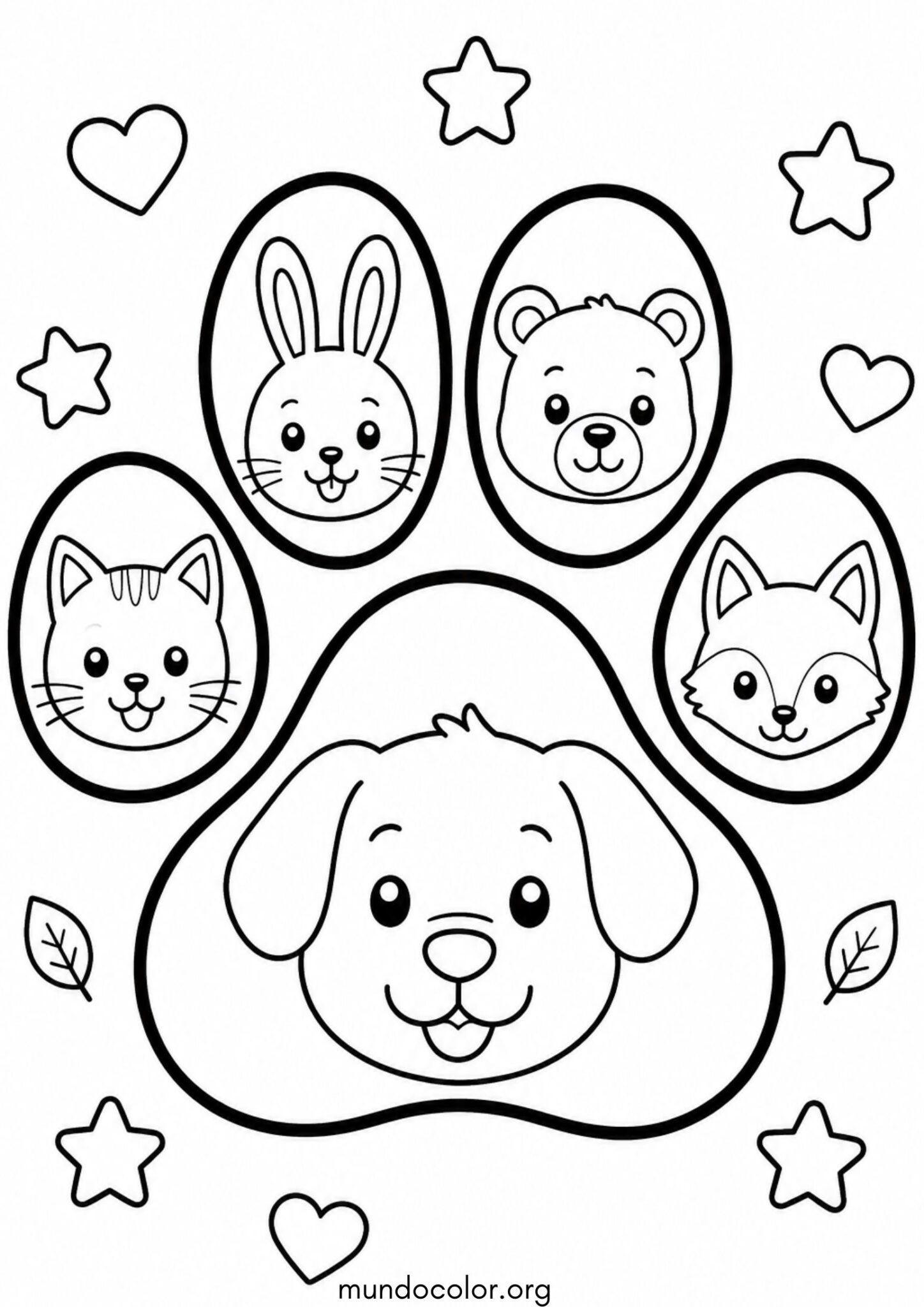 Dibujo de Día Mundial de los Animales – Huella de perro con caritas de diferentes animales dentro para colorear