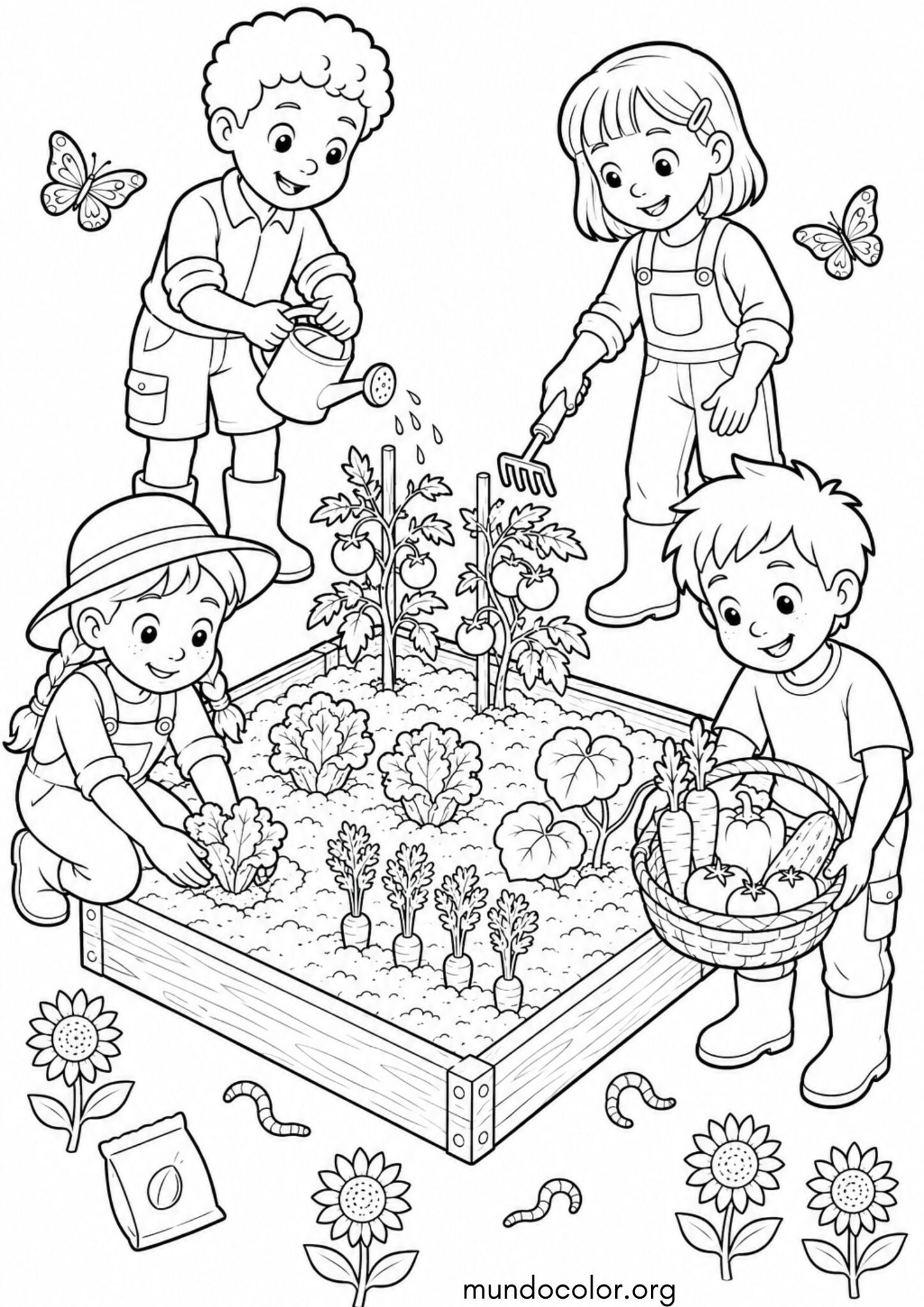 Dibujo de Día Mundial de la Alimentación – Huerto escolar: niños cultivando sus propios vegetales para colorear