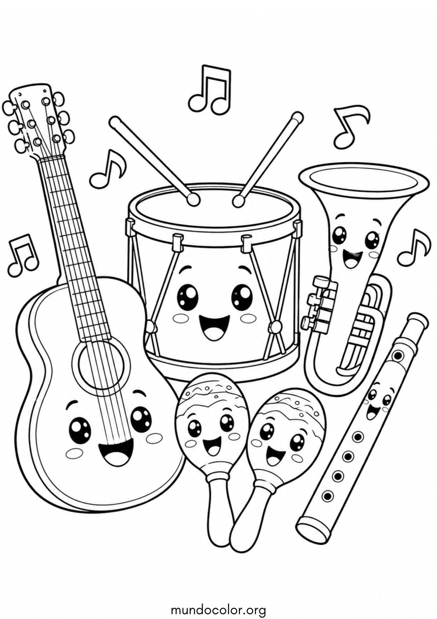 Dibujo de Día de la Música – Instrumentos musicales felices sonriendo juntos para colorear