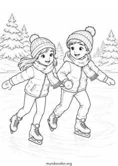 Invierno – Niños patinando sobre hielo en el lago congelado
