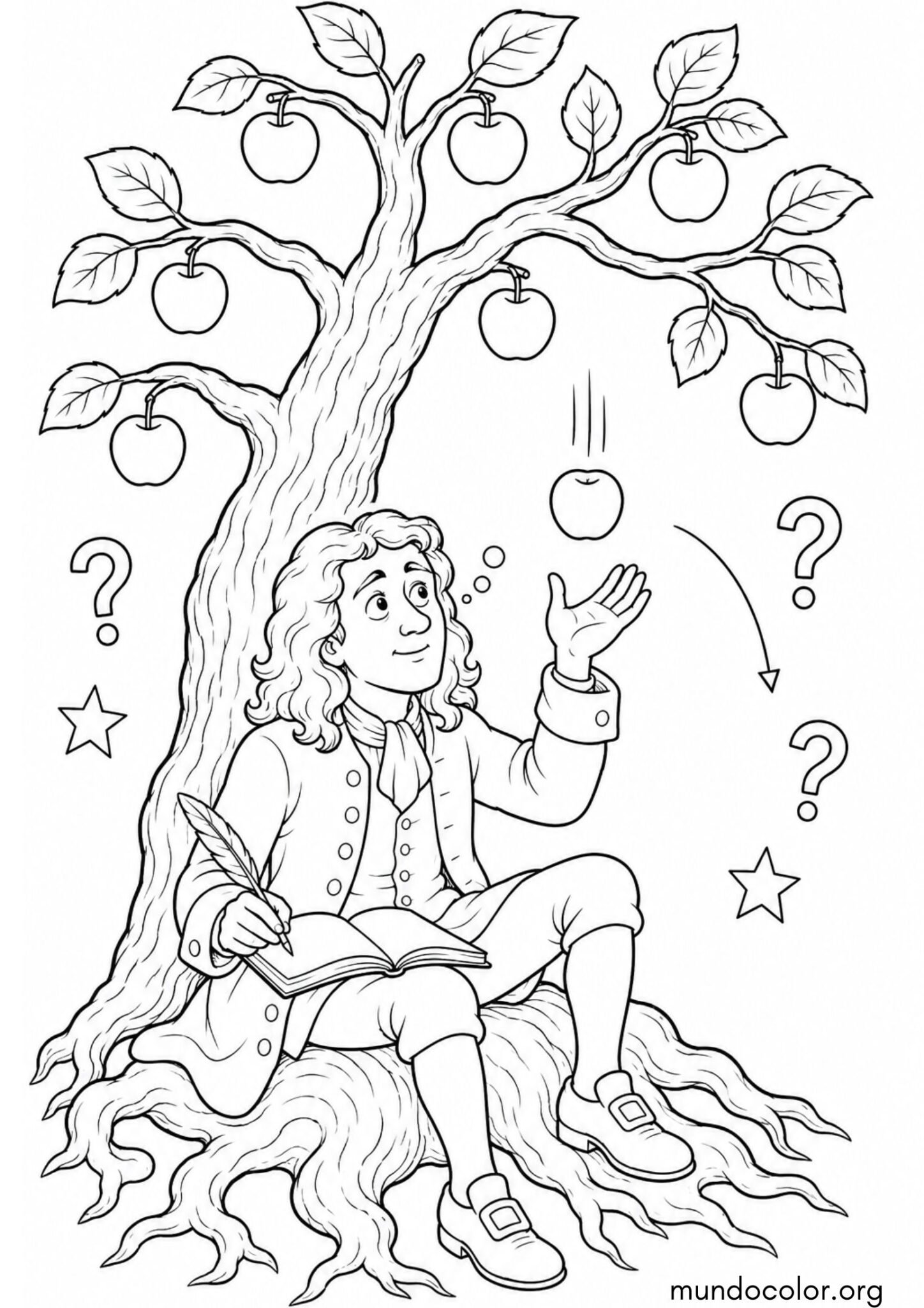 Dibujo de Día Mundial de la Ciencia – Isaac Newton bajo el manzano con la manzana cayendo para colorear