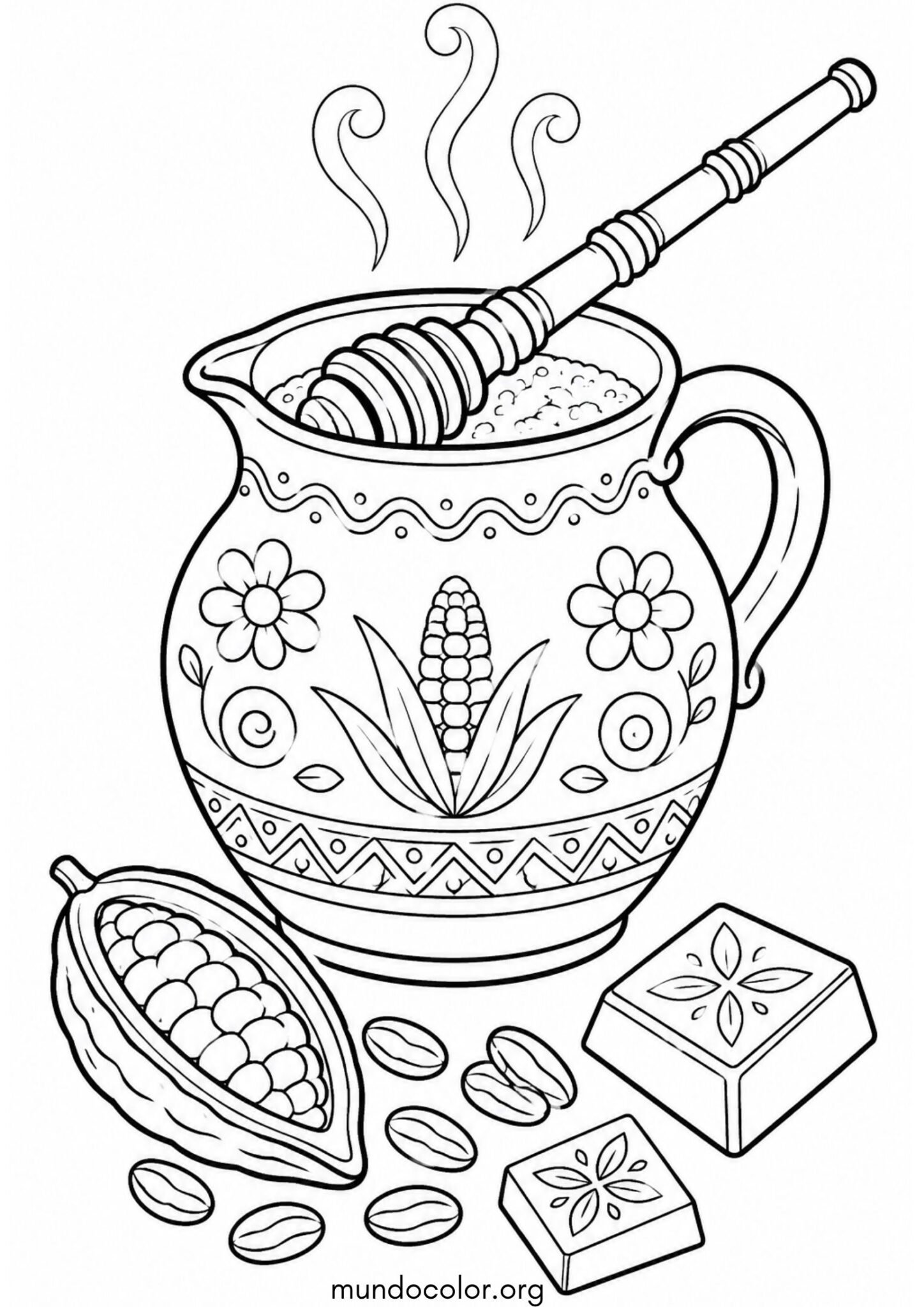 Dibujo de Día de la Candelaria y Tamales – Jarra de barro mexicana con chocolate caliente y batidor molinillo para colorear