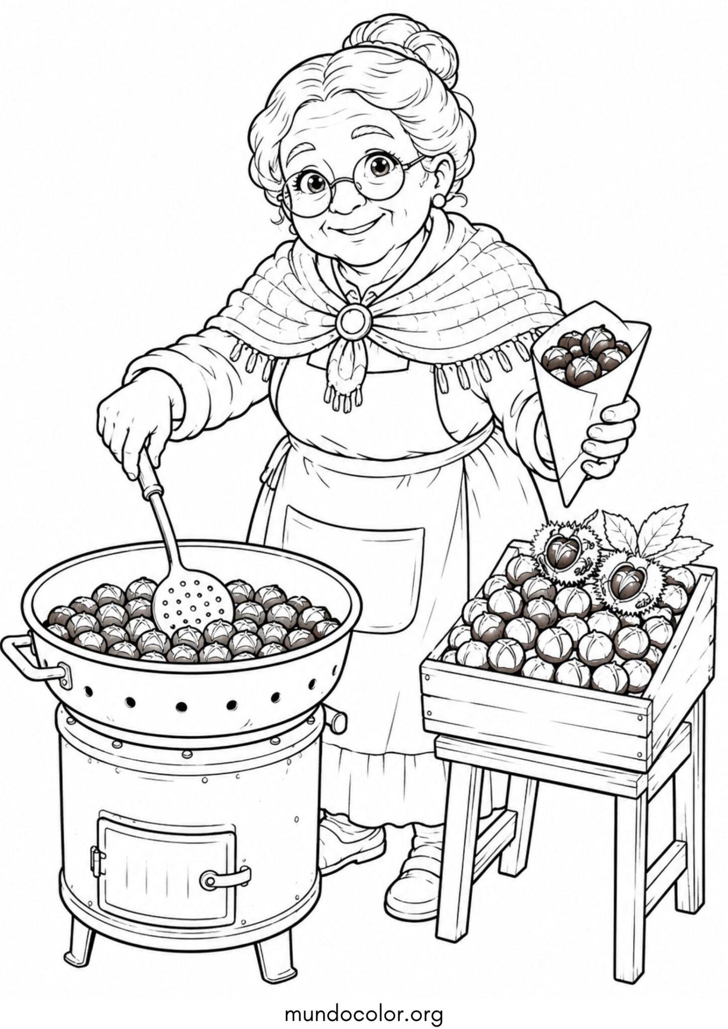 Dibujo de Fiesta de la Castaña – La Castañera (Castanyera) vendiendo castañas asadas para colorear