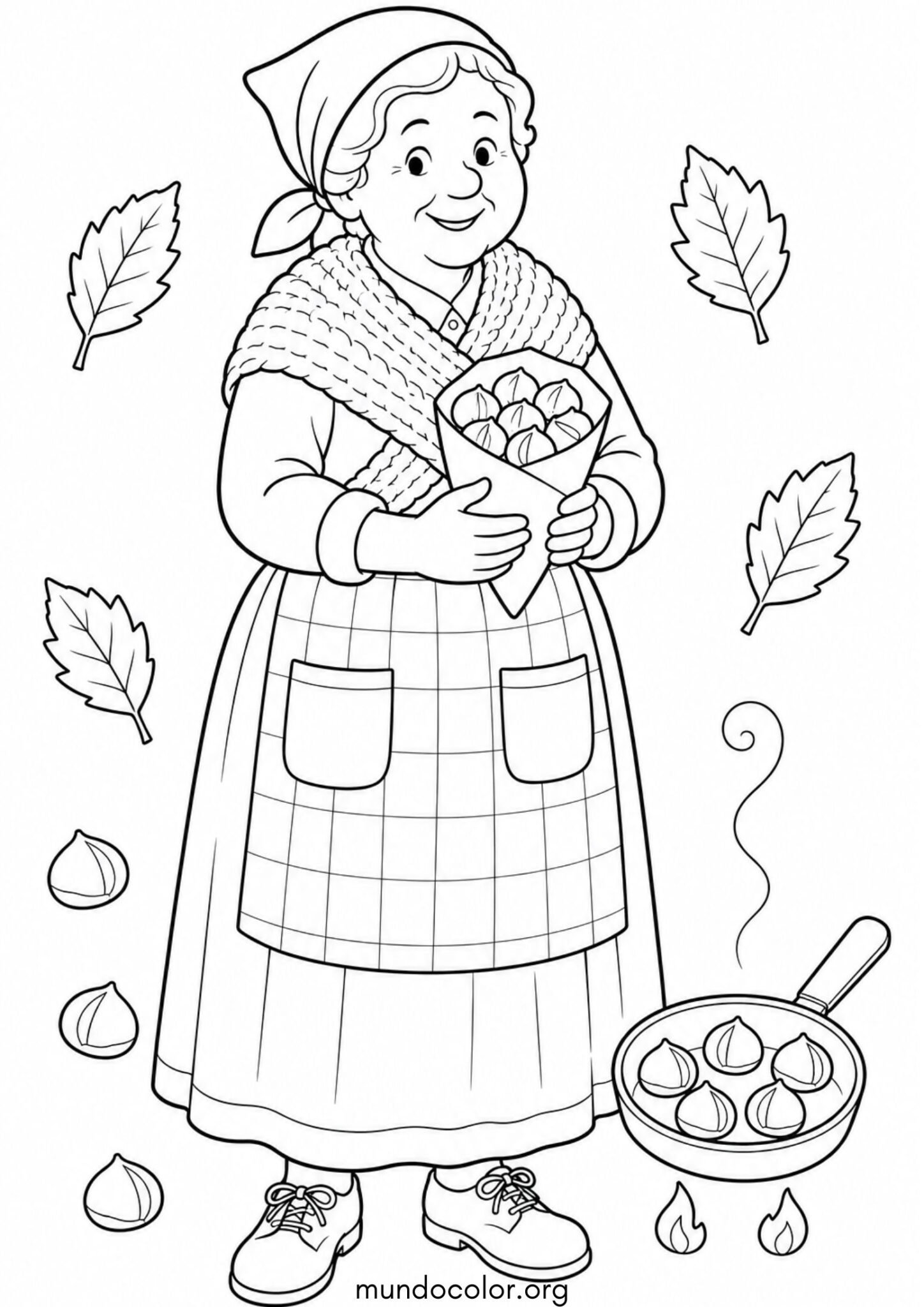 Dibujo de Fiesta de la Castaña – La Castañera sonriente con su pañuelo y delantal para colorear