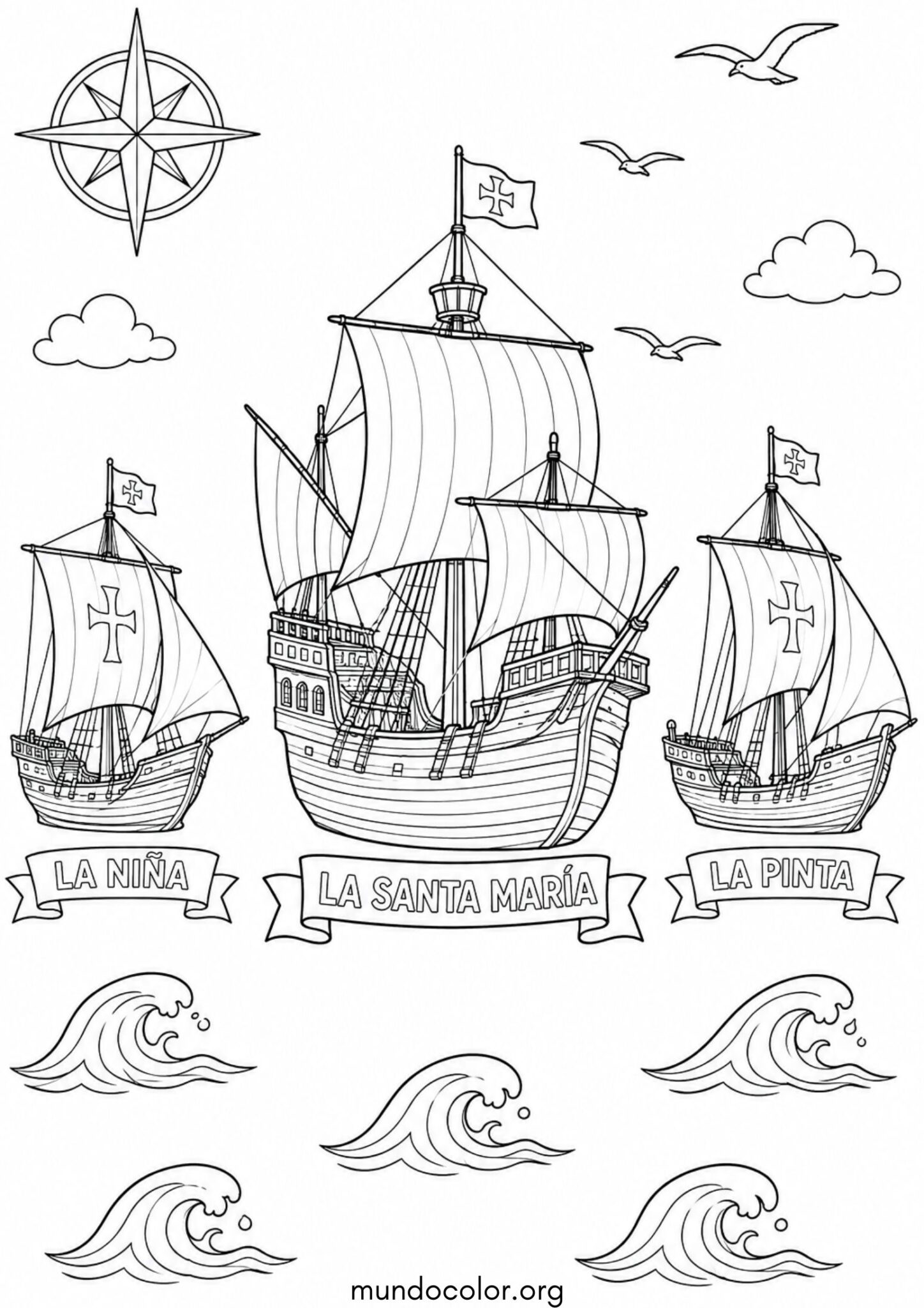 Dibujo de Las tres carabelas: La Niña, La Pinta y La Santa María para imprimir Dibujo de Las tres carabelas: La Niña, La Pinta y La Santa María para colorear